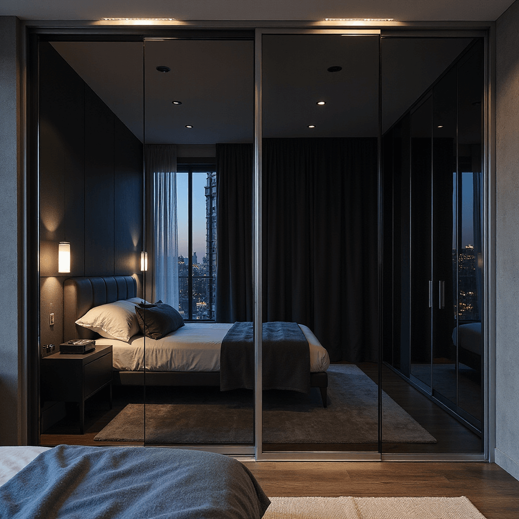 A modern sliding door wardrobe with full-height mirrored doors in a compact urban bedroom, featuring dramatic ambient lighting from concealed LED strips, showcasing a stylish vignette with a charcoal and metallic color scheme at dusk.