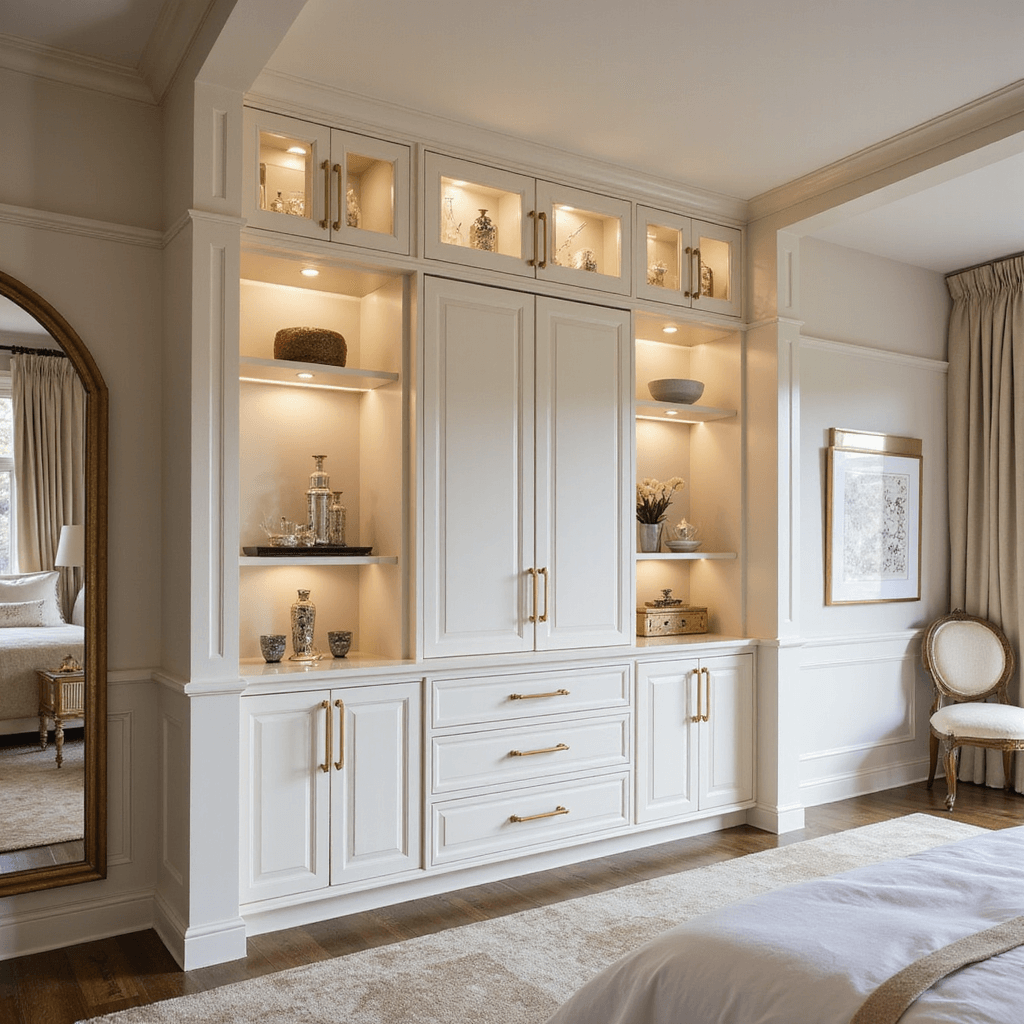 Luxurious master suite with floor-to-ceiling champagne-colored high-gloss cupboards, integrated ladder, and custom brass hardware, captured in soft mid-morning light, showcasing a curated selection of accessories and artwork against a pearl white and pale gold palette.