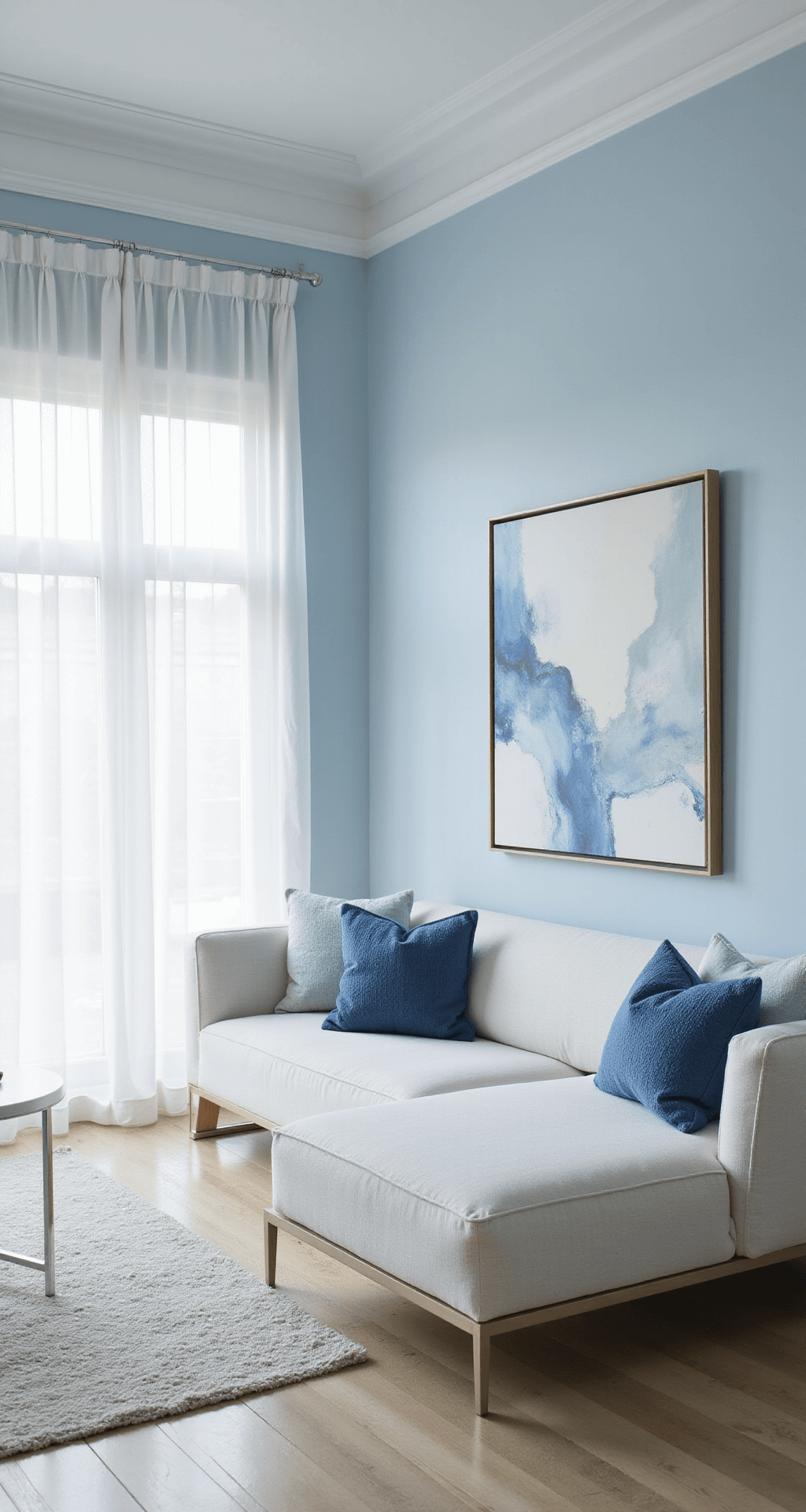 A minimalist light blue sanctuary with high ceilings, featuring a cloud-white sectional adorned with blue pillows, abstract artwork on the wall, bleached oak floors, and metallic accents, all bathed in soft afternoon light from sheer panels.