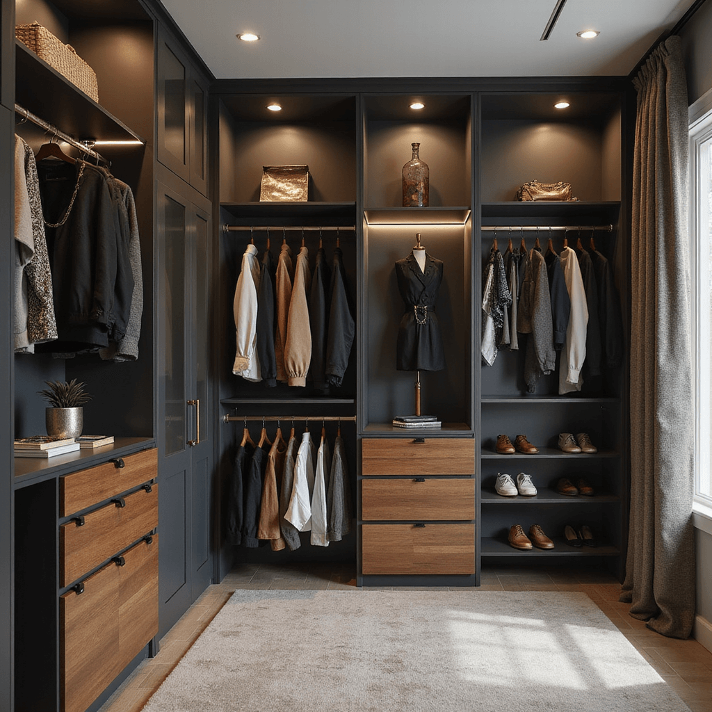 A contemporary walk-in closet featuring adjustable shelving, matte graphite cabinets, walnut drawer units, and glass display cases, illuminated by hermetic LED lights in a warm, evening ambiance. The 3/4 view showcases organized pull-out systems and a curated collection of clothing and designer accessories, all styled within an industrial-chic aesthetic accented by warm metallic details.