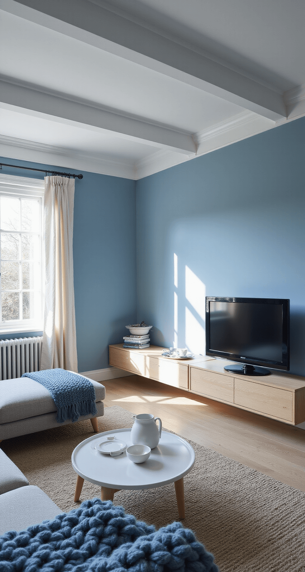 A Scandinavian-inspired blue living room with exposed white beams, pale blue walls, and white trim; features light wood furniture, a floating media console, chunky knit blue throws, and a white pottery collection, captured with natural morning light and eye-level wide-angle view highlighting architectural detail.