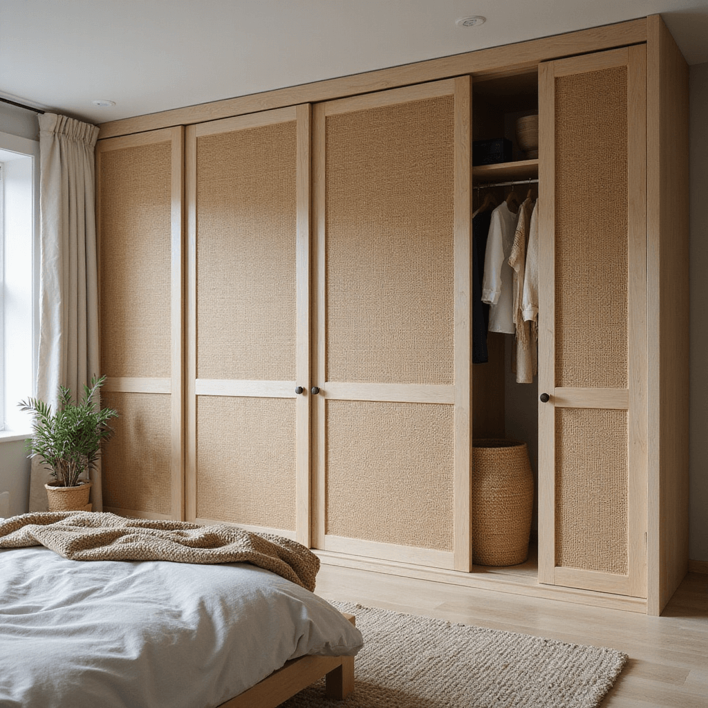 A Scandinavian-inspired modular wardrobe with natural rattan sliding panels and white oak framework, rising 9ft high in a 16x16ft bedroom. Photographed in diffused daylight using a wide-angle lens, showcasing a warm, organic color palette and the interplay of textures between materials, including handwoven baskets and linen textiles, from a bed-level perspective.