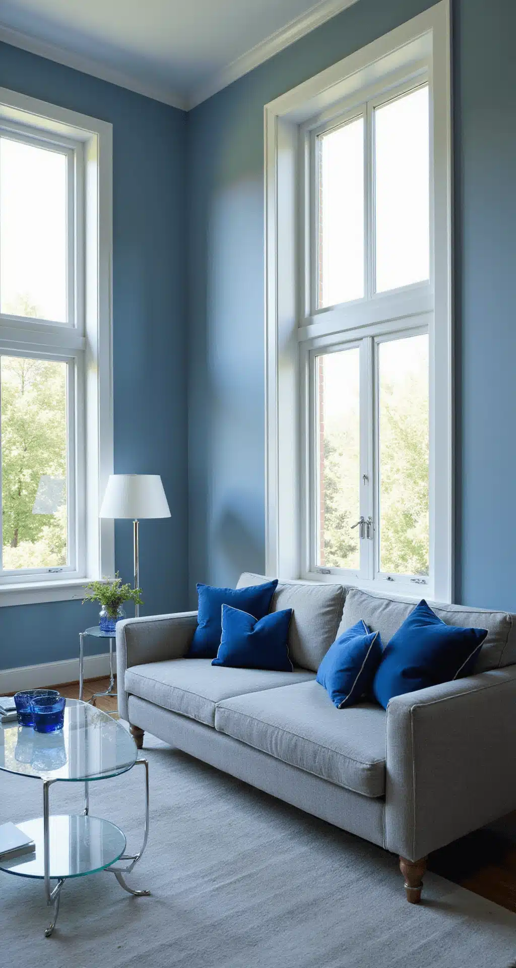 A contemporary blue living room with double-height windows, featuring ice blue walls, a gray linen sectional with blue pillows, a lucite coffee table with blue accessories, and modern chrome floor lamps, bathed in late morning light.