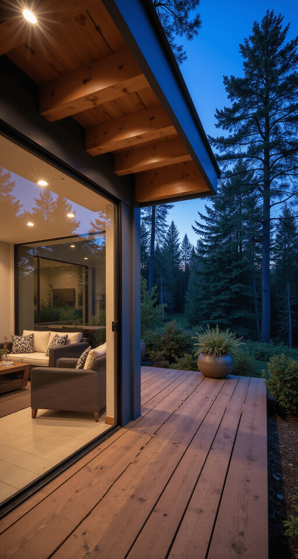 A cozy covered deck extension with cedar plank flooring and an exposed beam ceiling, featuring floor-to-ceiling sliding glass doors that connect the indoor living space with the surrounding nature, captured during blue hour with glowing interior lights and reflections of the forest visible in the glass.