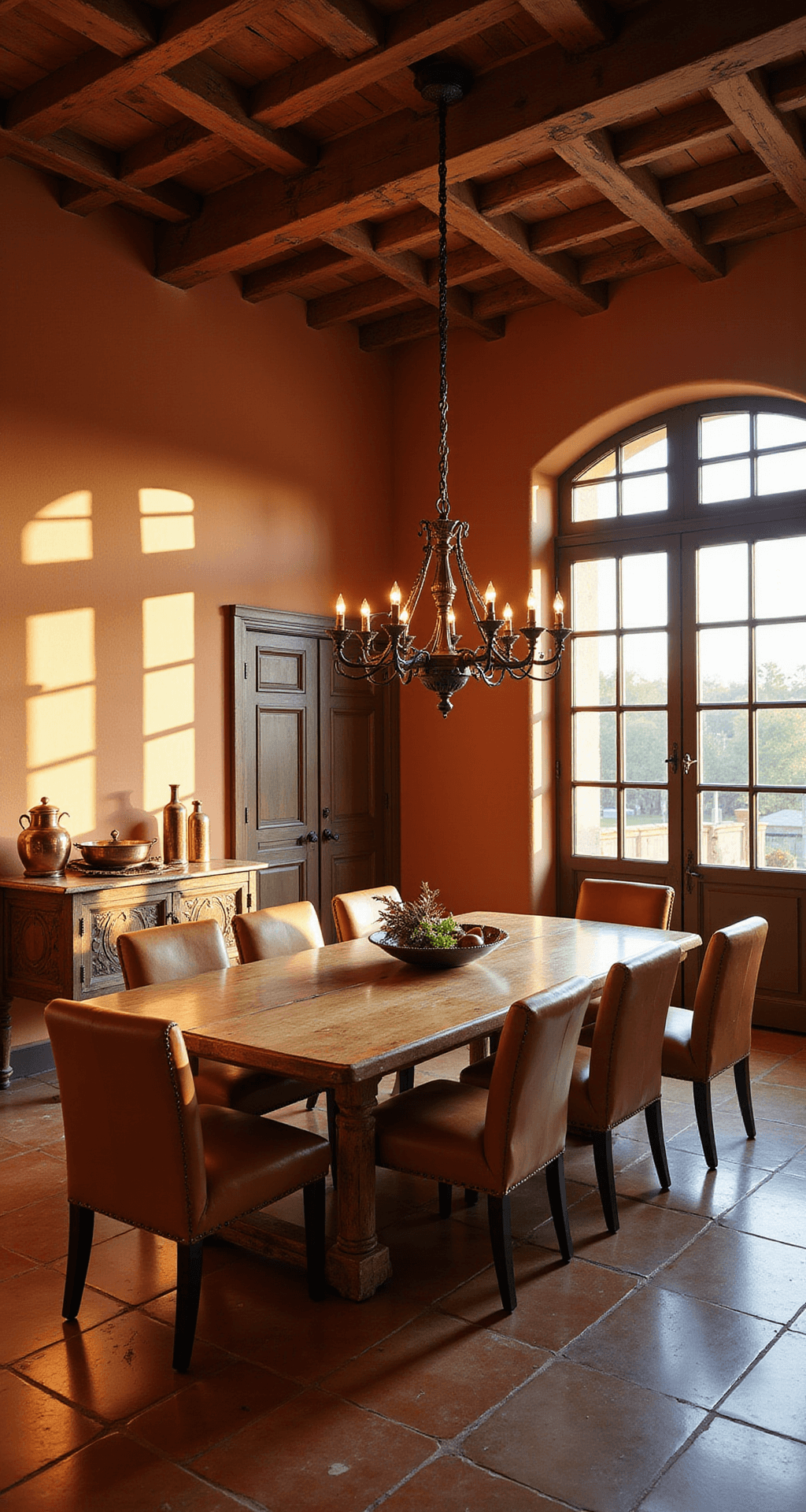 A luxurious Italian dining room at golden hour with sunlight streaming through arched windows onto a handcrafted walnut dining table and leather chairs, terracotta walls, exposed beams, wrought iron chandelier, and rustic sideboard with vintage olive oil vessels and copper cookware.