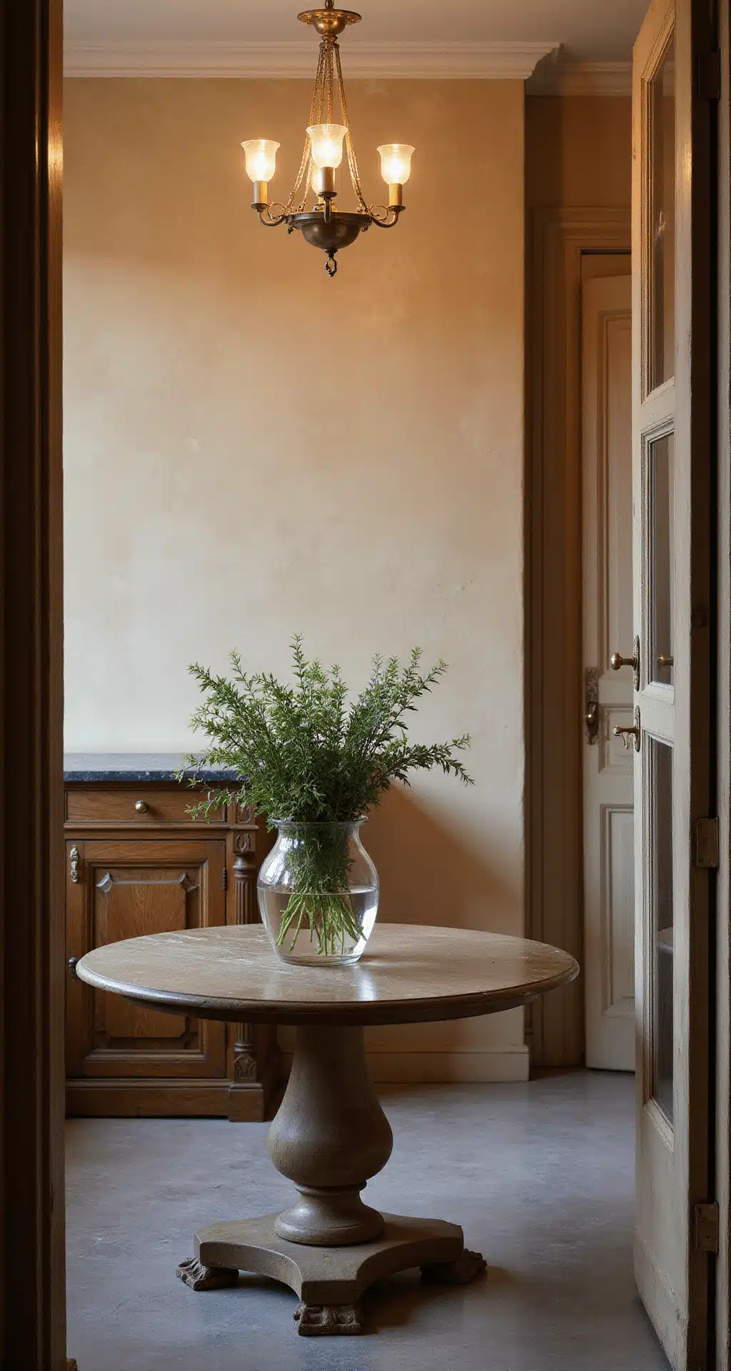 A cozy 15x15 ft dining area at dusk, featuring an antique marble-topped credenza against a cream Venetian plaster wall. A round weathered oak pedestal table with a hand-blown glass vase of Mediterranean herbs sits under a softly glowing vintage brass chandelier. The low camera angle from a doorway highlights the ceiling height and the interplay of natural and warm artificial light, focusing on the room's layered textures and patina.