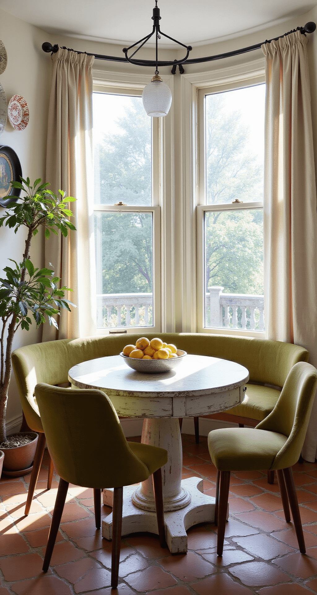 Sunlit breakfast nook with a farmhouse table and olive green chairs, terracotta tiles, bay window, potted lemon tree, whitewashed walls with plate display, and linen curtains.