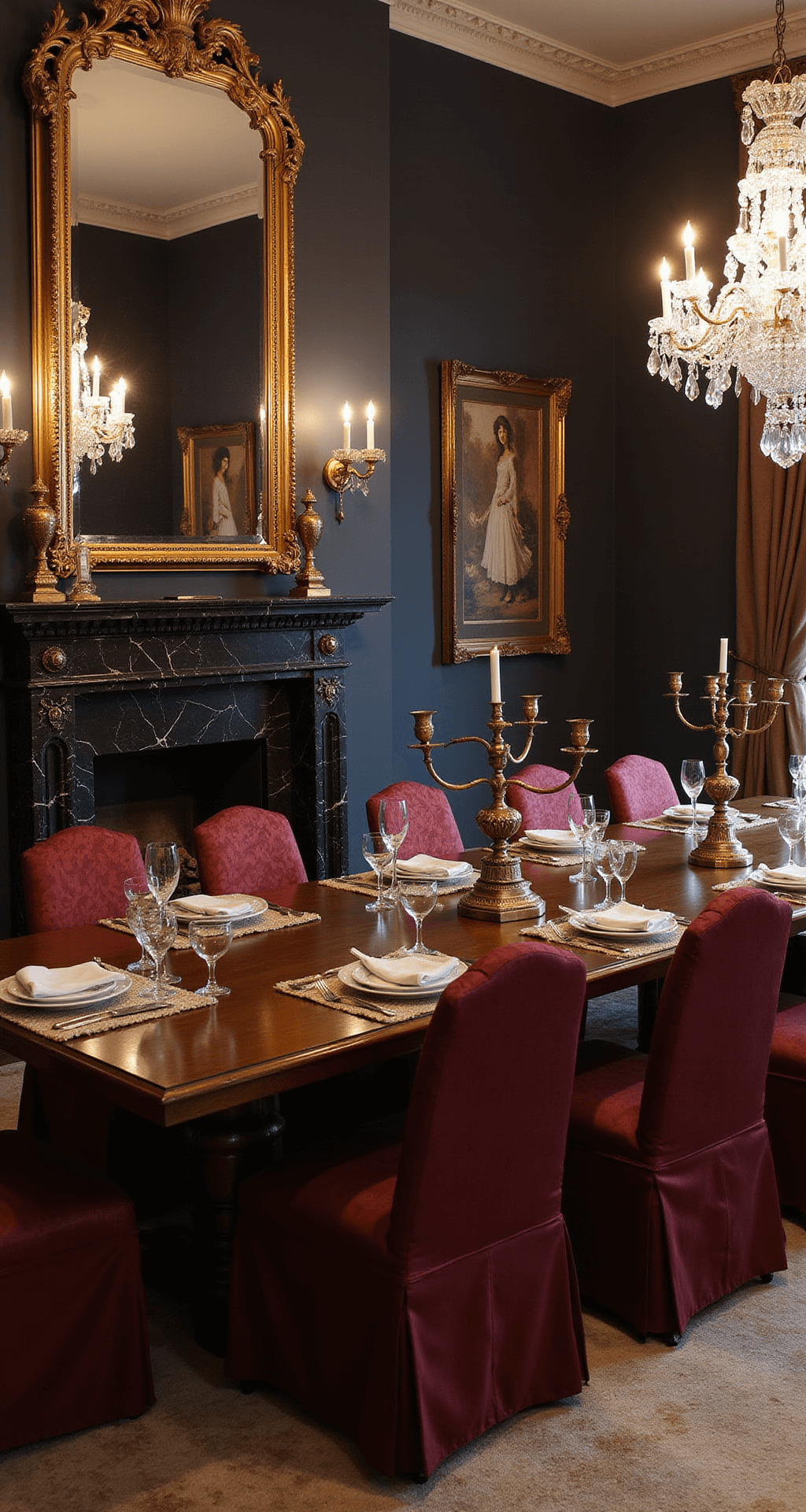Elegant formal dining room at twilight with a dark marble fireplace, a large walnut dining table for 12 with bronze candelabras, burgundy damask chairs, and a gilt mirror reflecting chandelier light.