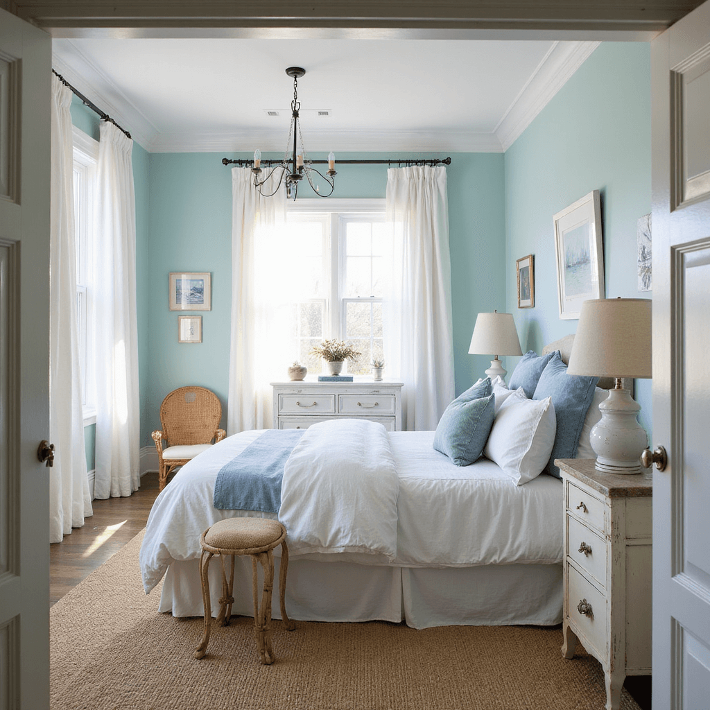 A sunlit coastal bedroom featuring pale aqua walls, a king-size bed with layered blue linens, sheer white curtains, a natural jute rug, and white-painted furniture, all bathed in warm morning light.