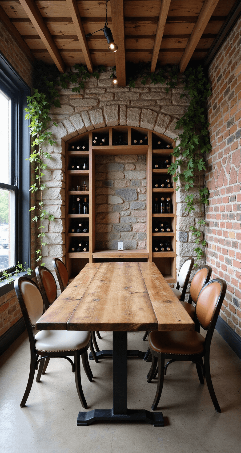 Rustic-modern room with a mix of vintage and modern seating around a reclaimed wood table, stone accent wall with wine storage, and trailing vines from ceiling beams, illuminated by afternoon light.
