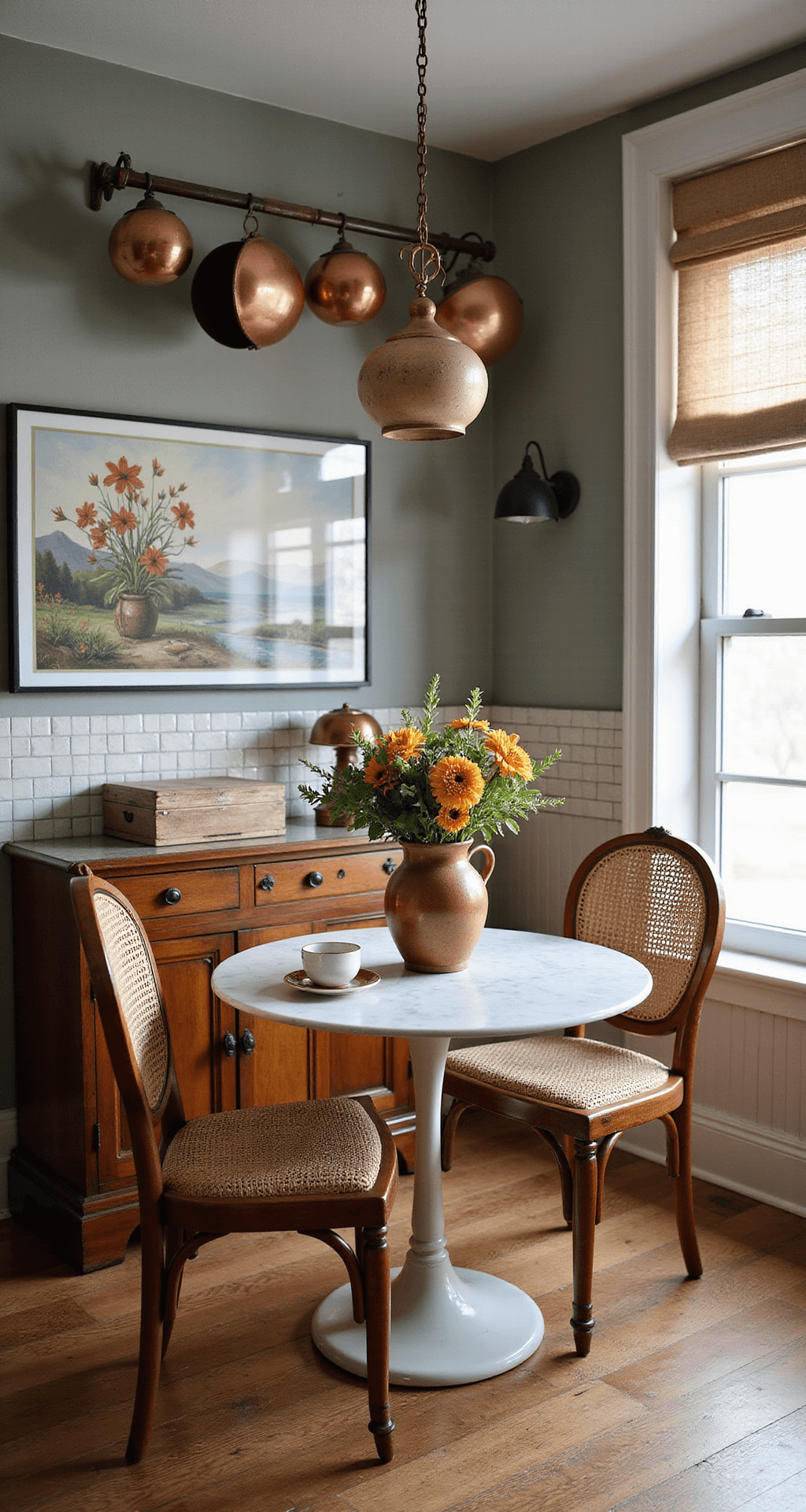 A cozy dining area at breakfast with a marble bistro table, woven cane chairs, ceramic tile backsplash, copper pots overhead, and flowers in a vase, bathed in morning light.