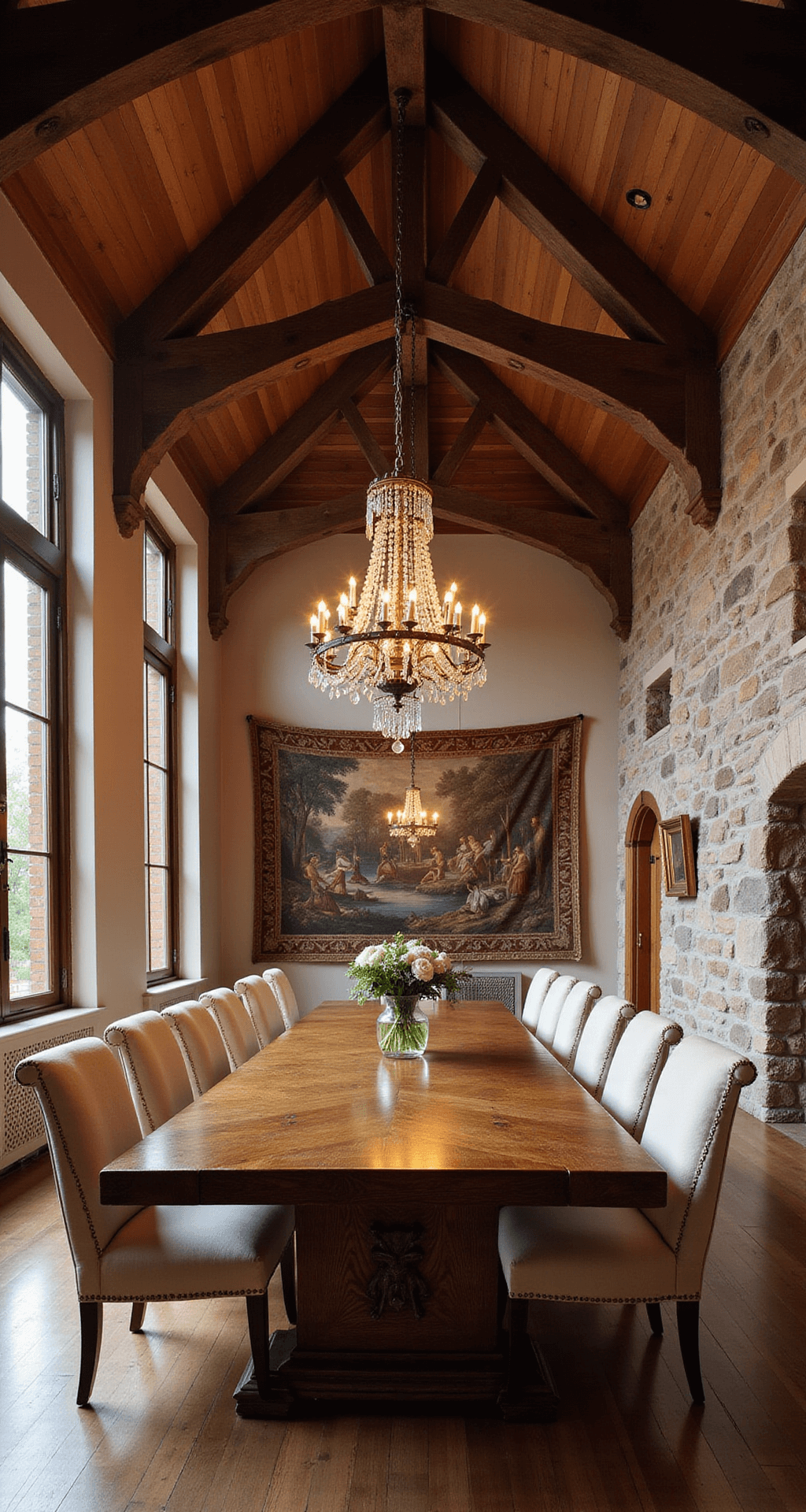 Elegant dining hall at sunset, featuring a vaulted ceiling with exposed wooden trusses, a long aged oak table with brass inlay, cream upholstered chairs, an antique tapestry on a stone wall, and a large iron and crystal chandelier.