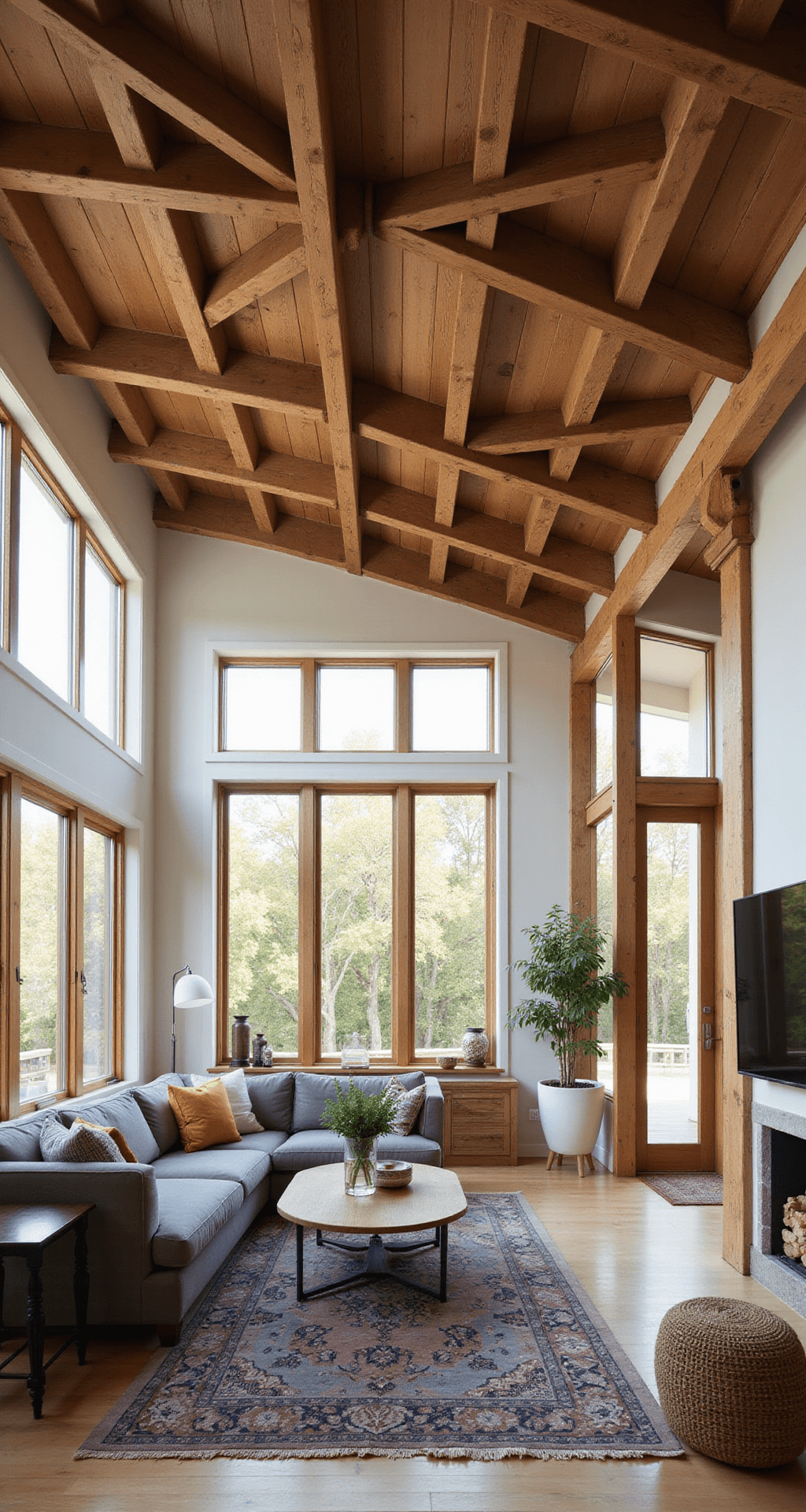 A spacious living room with a dramatic wooden beam-crossed ceiling, sunlight streaming through large windows, grey sectional, and vintage Persian rug.