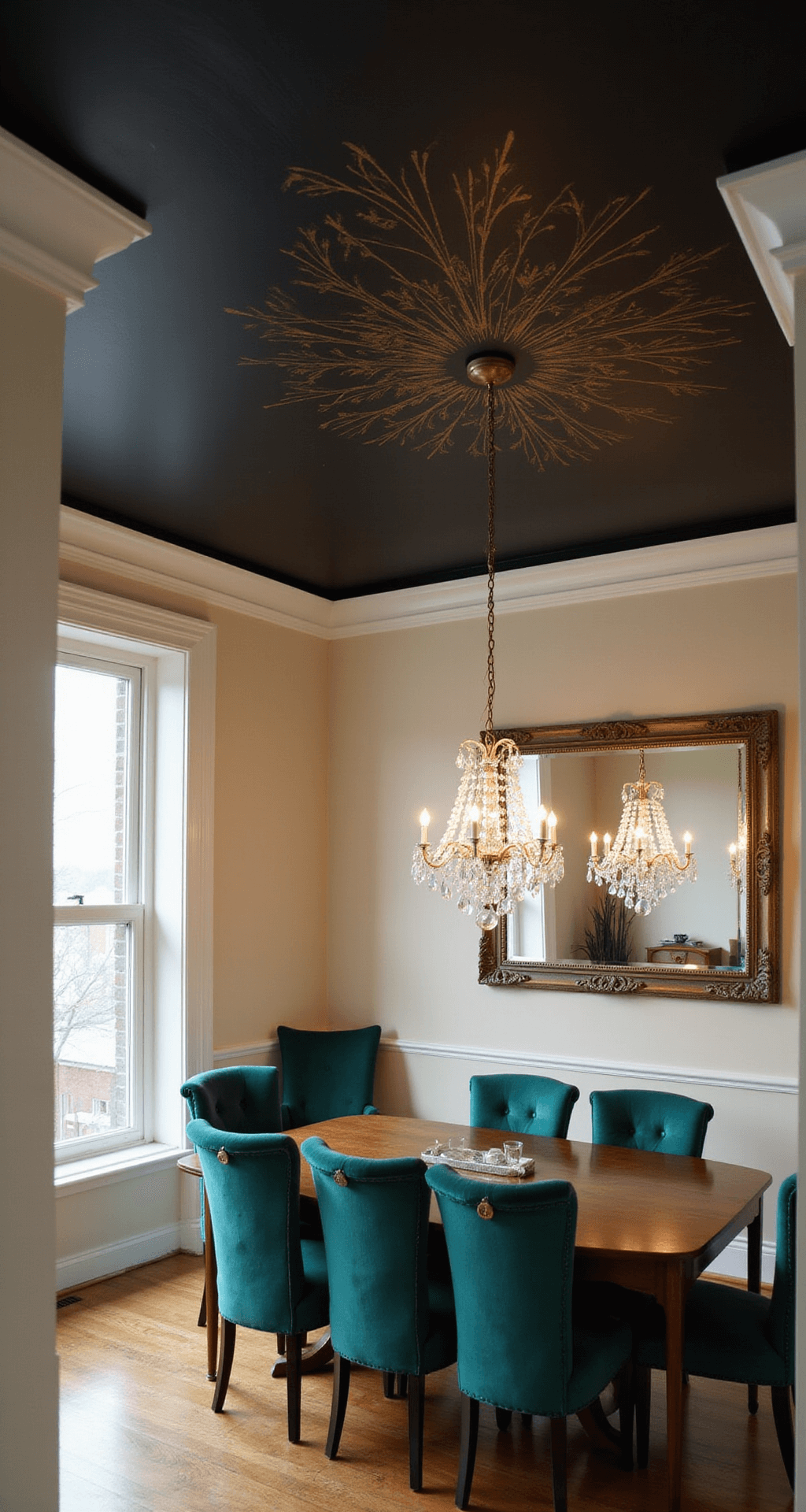 A 14x16ft dining room with a black ceiling adorned with gold Art Deco stenciling, illuminated by a crystal chandelier casting prismatic light, features cream walls and a mid-century dining set with emerald velvet chairs; a mirror reflects the dramatic ceiling.