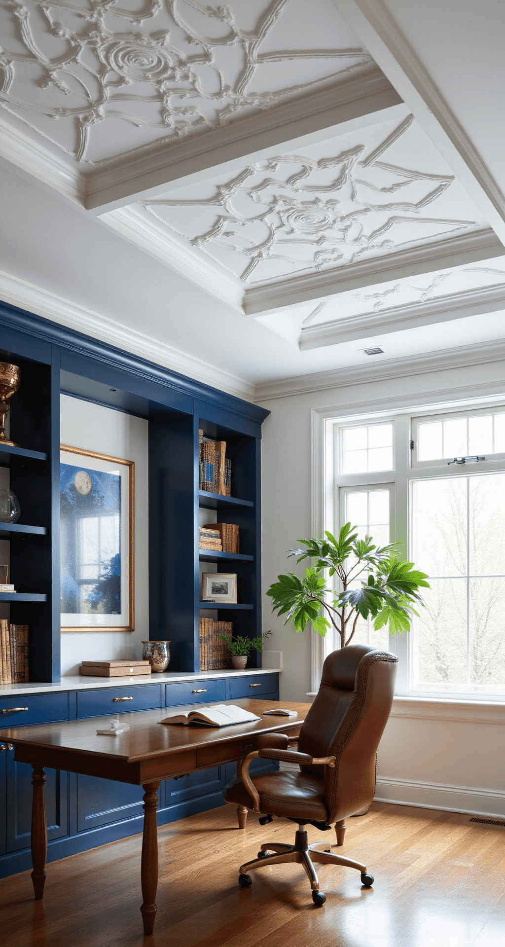 A contemporary home office with a detailed white coffered ceiling, navy blue built-in bookshelves, brass desk accessories, and a leather executive chair, featuring a fiddle leaf fig plant and dramatic morning shadows from eastern exposure.