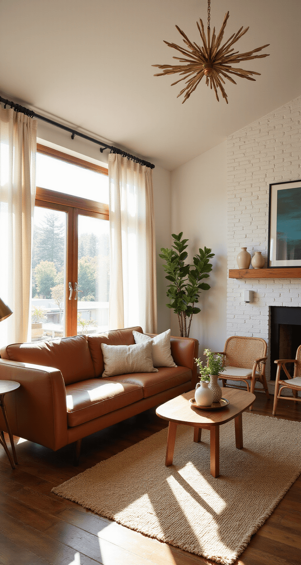 Create Your Dream Boho Mid-Century Modern Living Room: A Stylish Fusion of Comfort and Cool Sunlit living room with cognac leather sofa, jute rug, Moroccan runner, walnut coffee table, rattan chairs, white brick fireplace, and sputnik chandelier in warm hues and natural light.