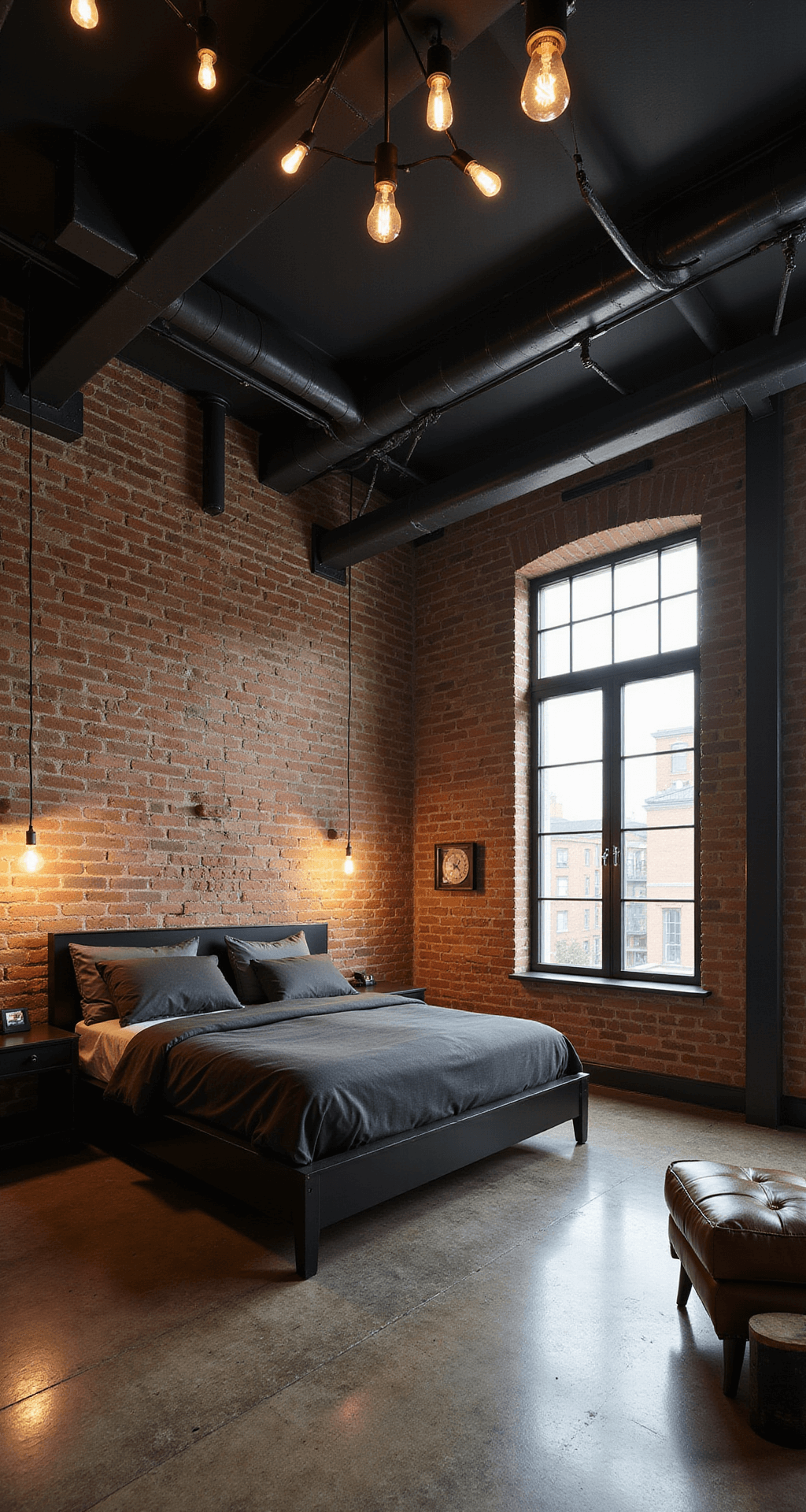 Industrial loft bedroom with exposed steel beams, black-painted ductwork, vintage Edison bulbs, raw brick walls, a platform bed with dark linens, and a distressed leather armchair, captured from above. Warm lighting highlights the urban atmosphere.