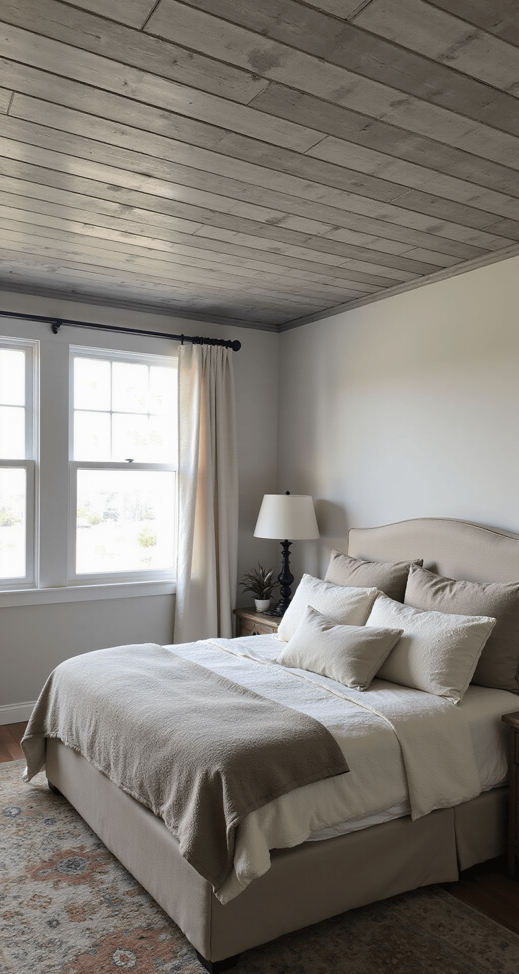 A cozy master bedroom with a rustic shiplap ceiling in weathered grey casting linear shadows, an oatmeal linen upholstered headboard, layered cream and taupe bedding, and a vintage overdyed rug, capturing a serene coastal atmosphere.