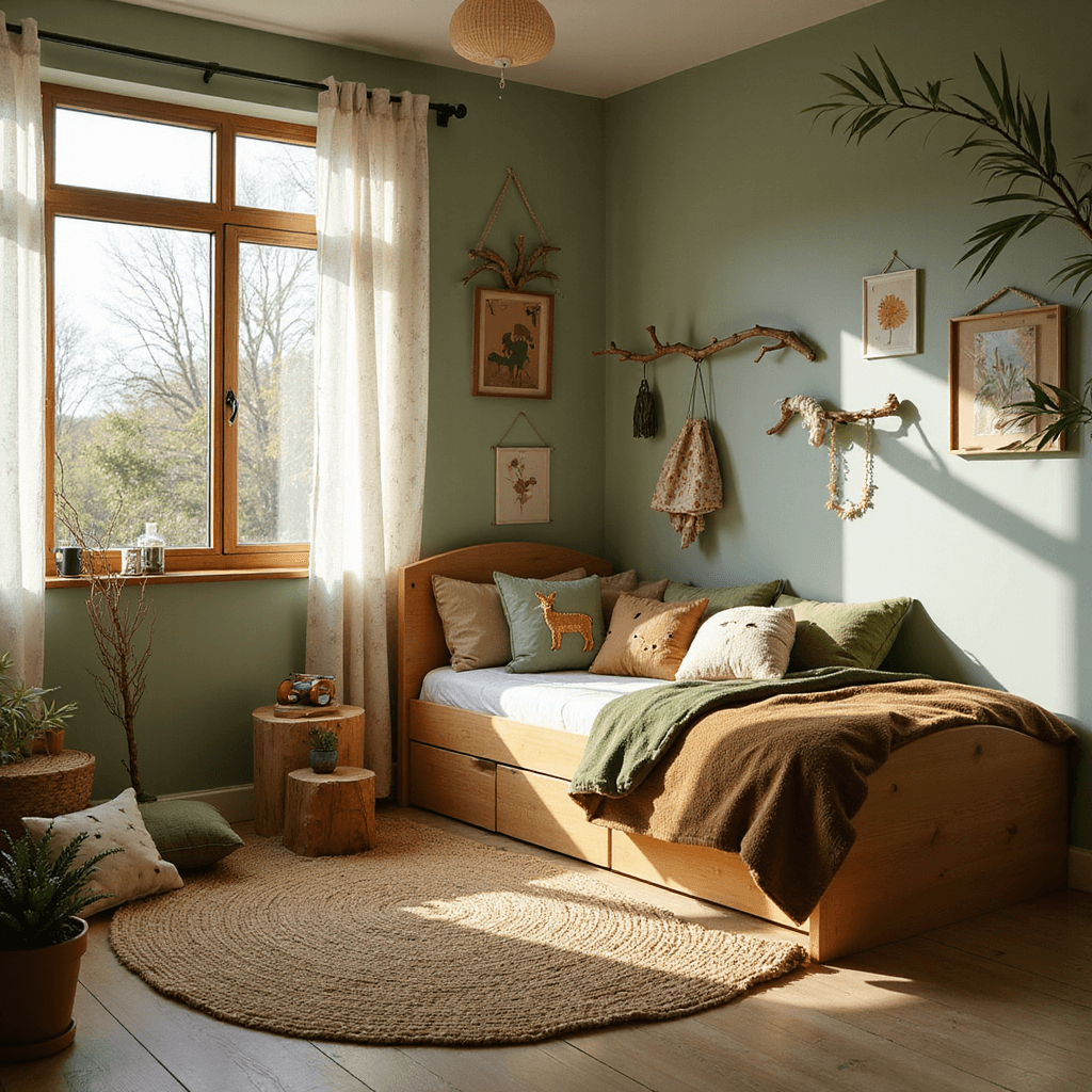 Magical Kids Bedroom Ideas: Creating Dreamy Spaces That Grow With Your Child A cozy kids' room with a twin bed against sage green walls, adorned with botanical prints, and large windows covered with leaf-patterned curtains, casting dappled sunlight. Low pine storage units surround a natural jute rug, with handcrafted tree branch hooks displaying dress-up clothes. A reading nook with oversized floor cushions is tucked beneath a macramé leaf canopy, all enhanced by warm LED lighting.
