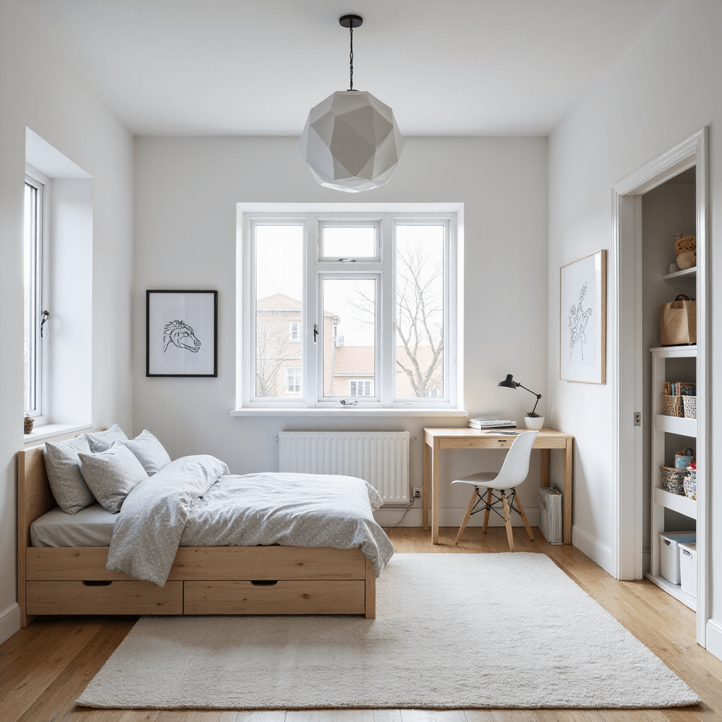 Scandinavian minimalist youth room featuring pale birch furniture, crisp white walls, and abundant natural light from floor-to-ceiling windows, highlighting a platform bed, floating desk, and geometric pendant light.