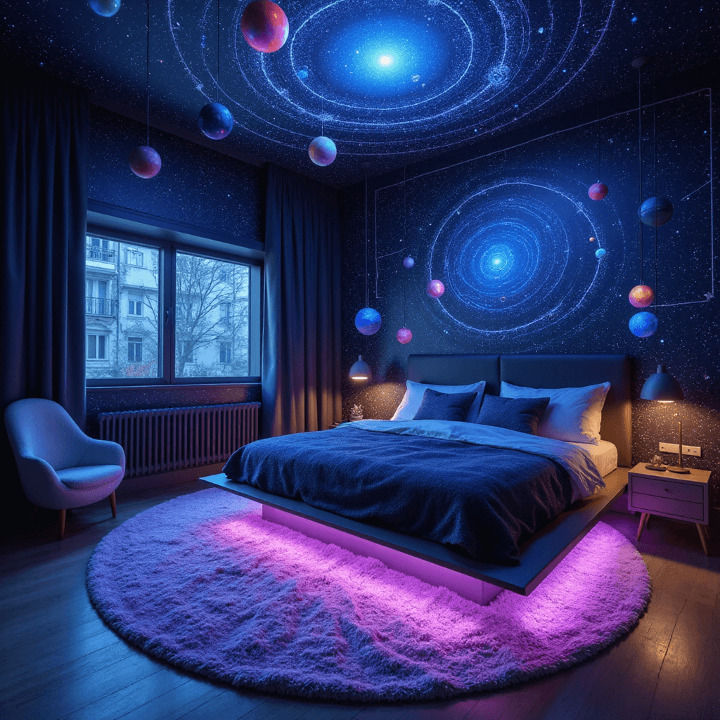 A dramatic bedroom with midnight blue walls adorned with glowing hand-painted constellations, featuring a modern platform bed with LED underglow, a galaxy swirl area rug, planet mobiles, and an astronaut-themed reading nook with a curved bubble chair, all illuminated by strategic LED strips and a star projector.