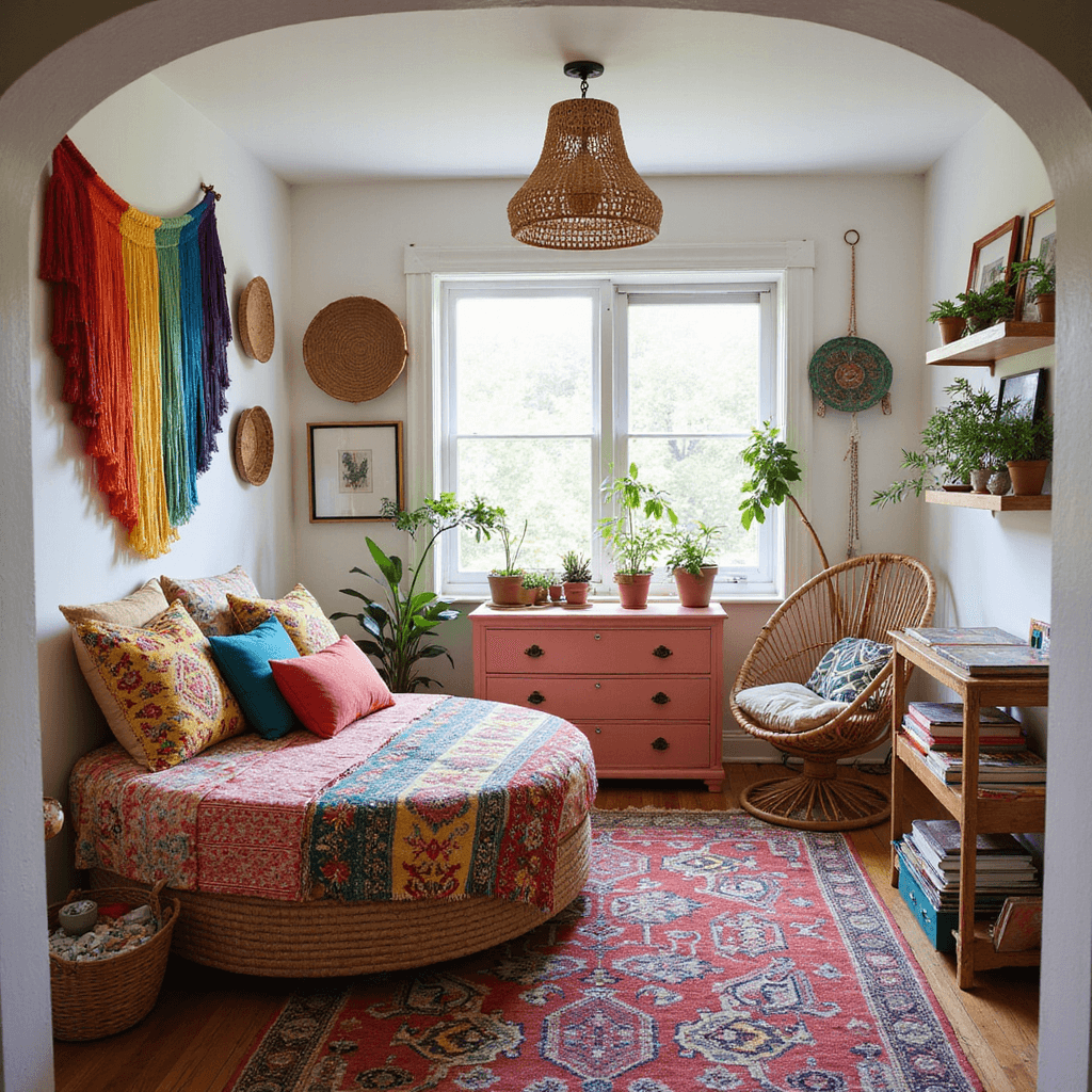 A vibrant corner room featuring a round rattan bed adorned with jewel-toned textiles, surrounded by rainbow macramé hangings, woven baskets, and a hanging chair, all illuminated by natural light.