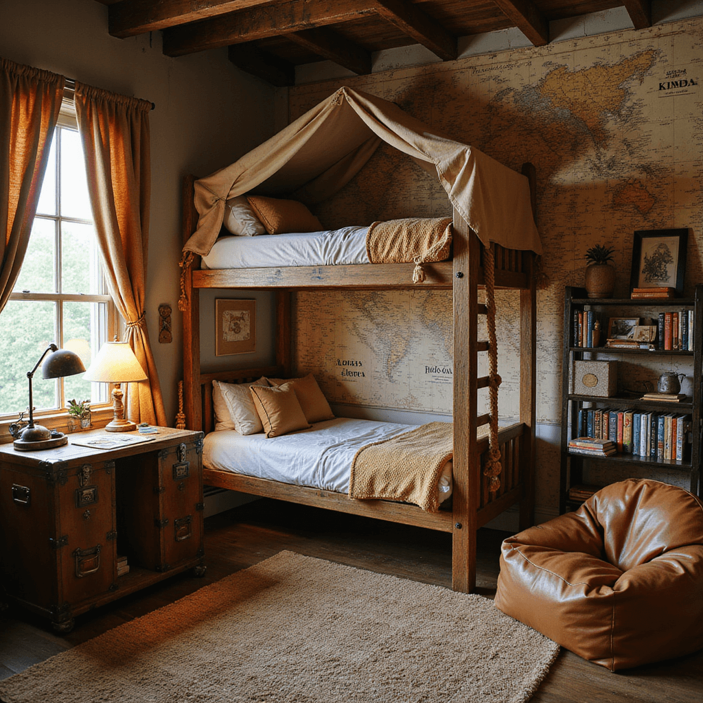 A cozy adventure-themed explorer's den featuring antiqued world map wallpaper, a rustic wooden bunk bed with a rope ladder and canvas canopy, vintage travel trunks for storage, a weathered metal globe lamp, a roll-top desk adorned with curiosities, a cork board displaying postcards and nature findings, and a leather bean bag next to an industrial bookshelf, all captured from a corner angle to highlight its height and adventurous atmosphere. Warm ambient lighting and focused task lights enhance the inviting space.
