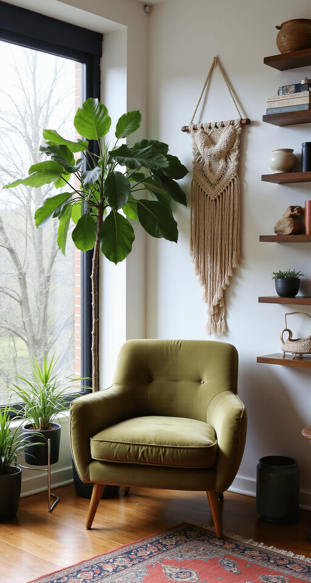 An airy corner reading nook with floor-to-ceiling windows, featuring a mid-century olive green velvet lounge chair, a towering fiddle leaf fig tree, a macramé wall hanging, floating walnut shelves with art books and pottery, and a vintage Persian rug in rust and indigo tones.