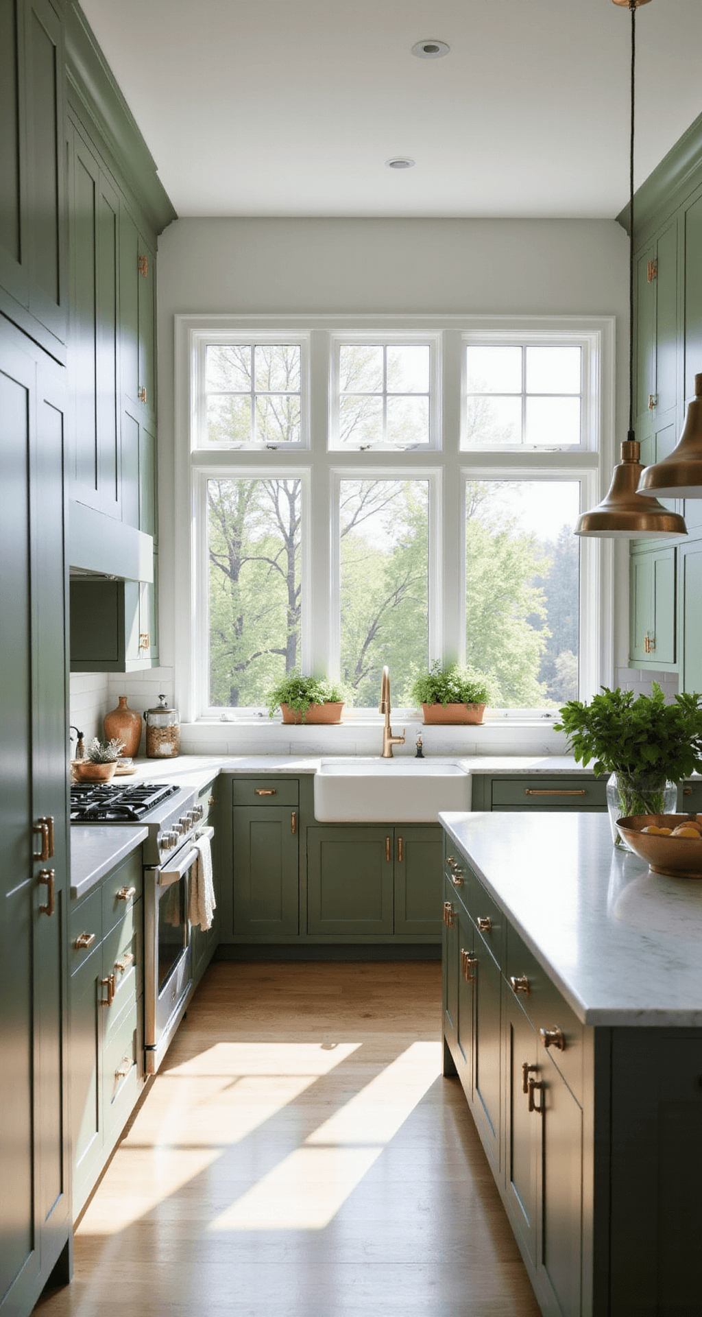 Contemporary kitchen with sage green cabinets, brass hardware, white marble countertops, and natural oak flooring, illuminated by morning sunlight through large windows.