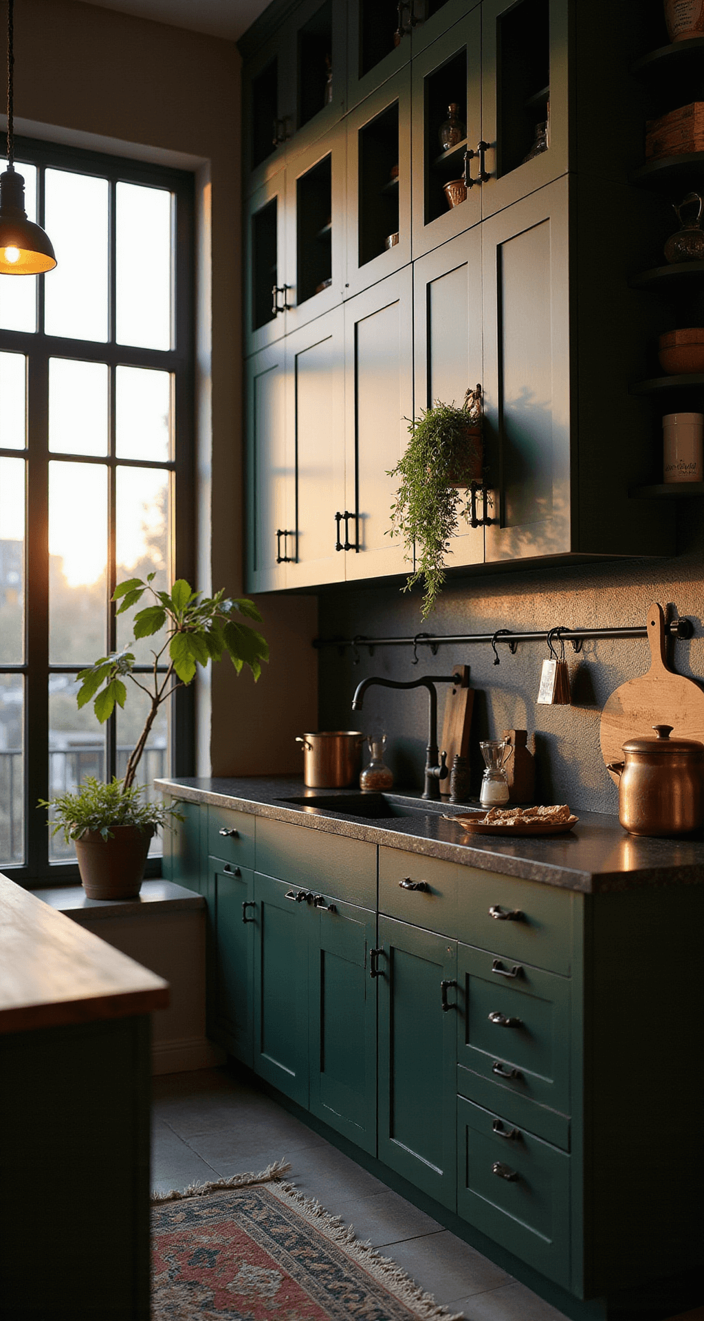 A moody kitchen at golden hour with deep forest green shaker cabinets and matte black hardware, featuring black soapstone countertops and backsplash. Warm pools of light are cast by vintage glass pendant lights. Copper cookware, dark wood cutting boards, and trailing plants add character. Industrial-style windows create dramatic shadows, enhancing the deep green, black, and copper color palette.