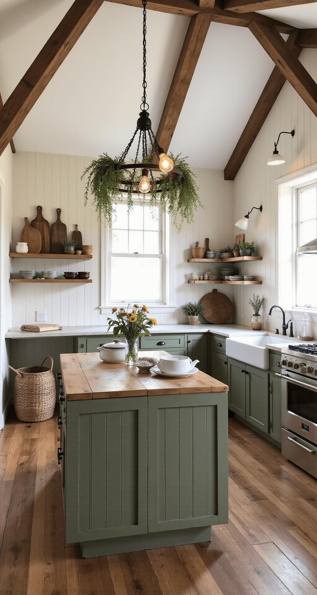 A cozy farmhouse kitchen with vaulted ceiling and exposed beams, featuring olive green beadboard cabinets, antique copper pulls, and a butcher block island topped with vintage enamelware. The wide-plank reclaimed wood flooring adds warmth, while natural light and Edison bulb pendants illuminate woven baskets, dried herbs, and weathered cutting boards. The color palette includes rich olive, warm woods, aged copper, and cream whites.