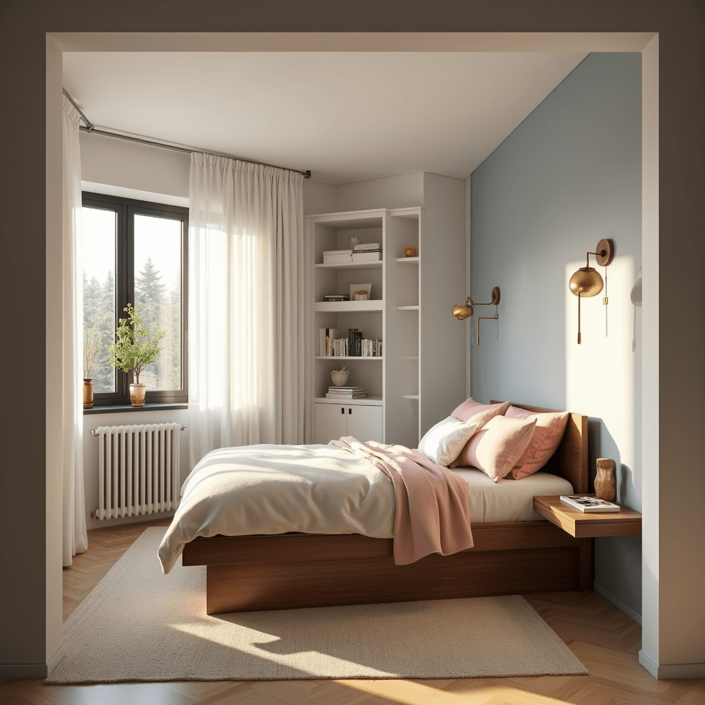 Cozy 10x12ft bedroom with golden hour light, featuring a platform bed, floating walnut nightstands, brass wall sconces, floor-to-ceiling white shelving, layered cream and blush textiles, a full-length mirror, and a pale blue accent wall.