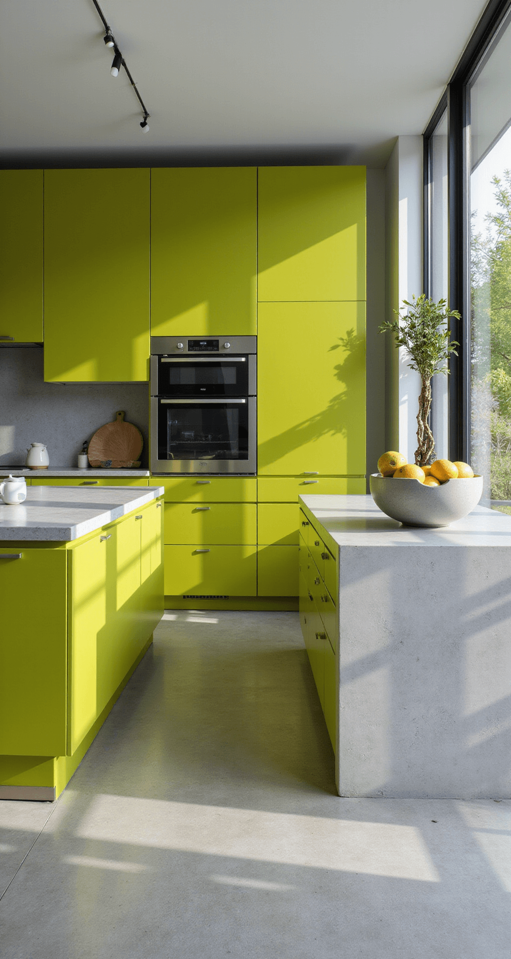 Modern open-concept kitchen with lime green high-gloss cabinets, concrete countertops, and stainless steel appliances. Bright diffused afternoon light enhances minimalist decor with geometric fruit bowl and plant arrangements.