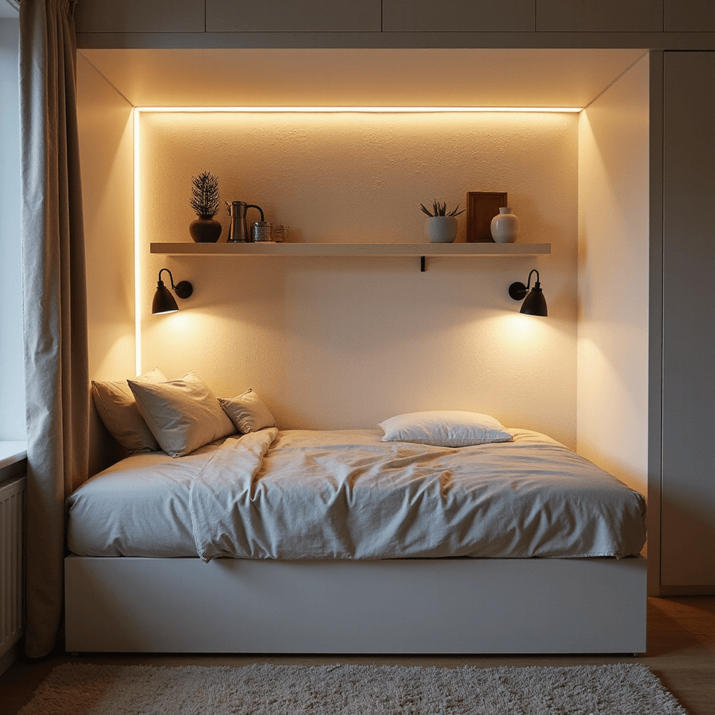 Intimate dusk view of a 9x11ft bedroom with a multifunctional murphy bed/desk combo in matte white, featuring warm LED strip lighting, slim floating shelves with curated items, textured cream wallpaper, and a plush beige area rug, all highlighted by industrial-style black sconces.