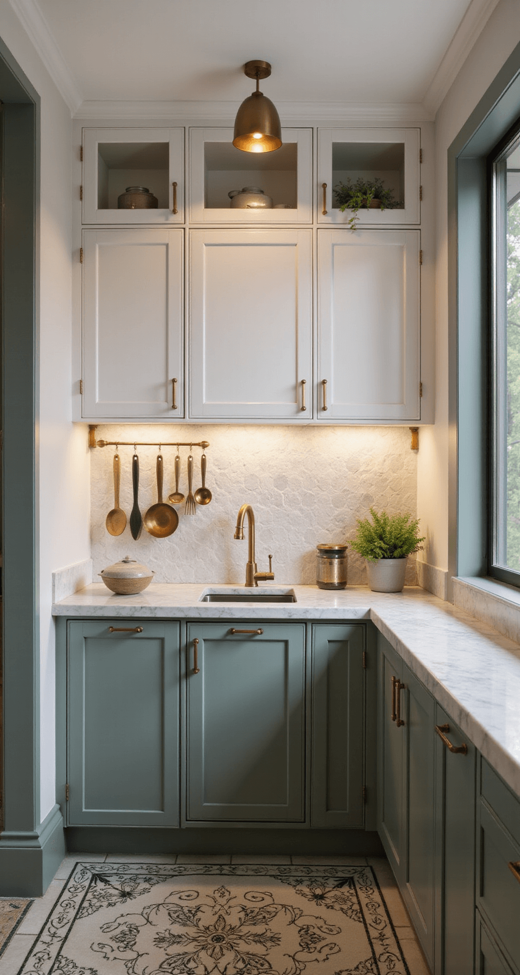Overhead view of a 10x12ft kitchen nook at dusk with sage green lower cabinets, white upper cabinets, and brass accents, featuring marble hexagon backsplash with brass inlay and intricate floor tiles, softly lit by under-cabinet LEDs and vintage sconces.