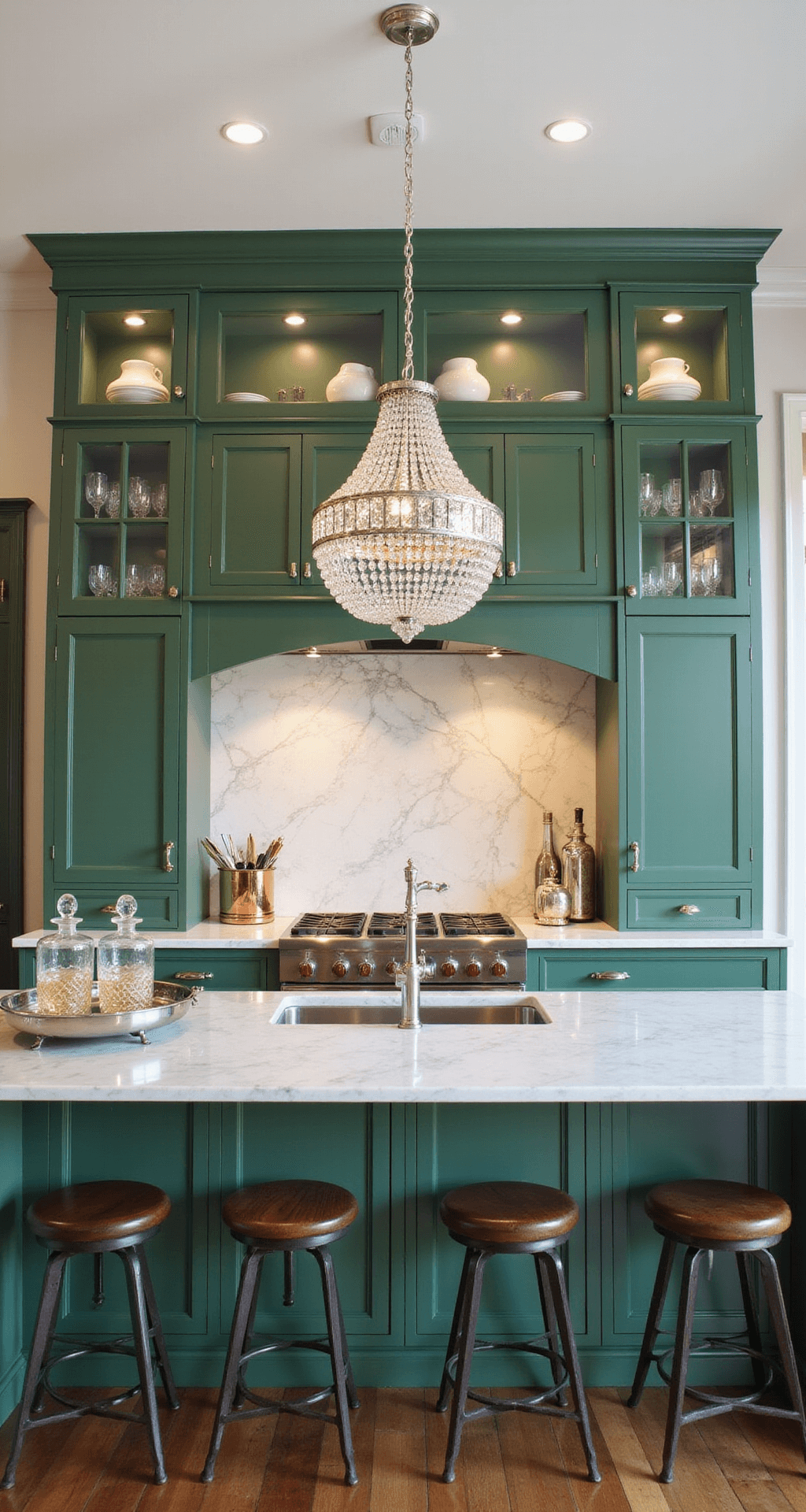Wide-angle view of a spacious grand kitchen with 12ft ceilings, featuring hunter green cabinets with glass-front uppers and a striking book-matched marble backsplash reaching the ceiling. A crystal chandelier hangs over a large island, accentuated by professional lighting that highlights the cabinet details and marble veining. The scene includes styled elements like collected china, crystal decanters, and silver serving pieces, in a color palette of hunter green, white marble, and polished nickel.