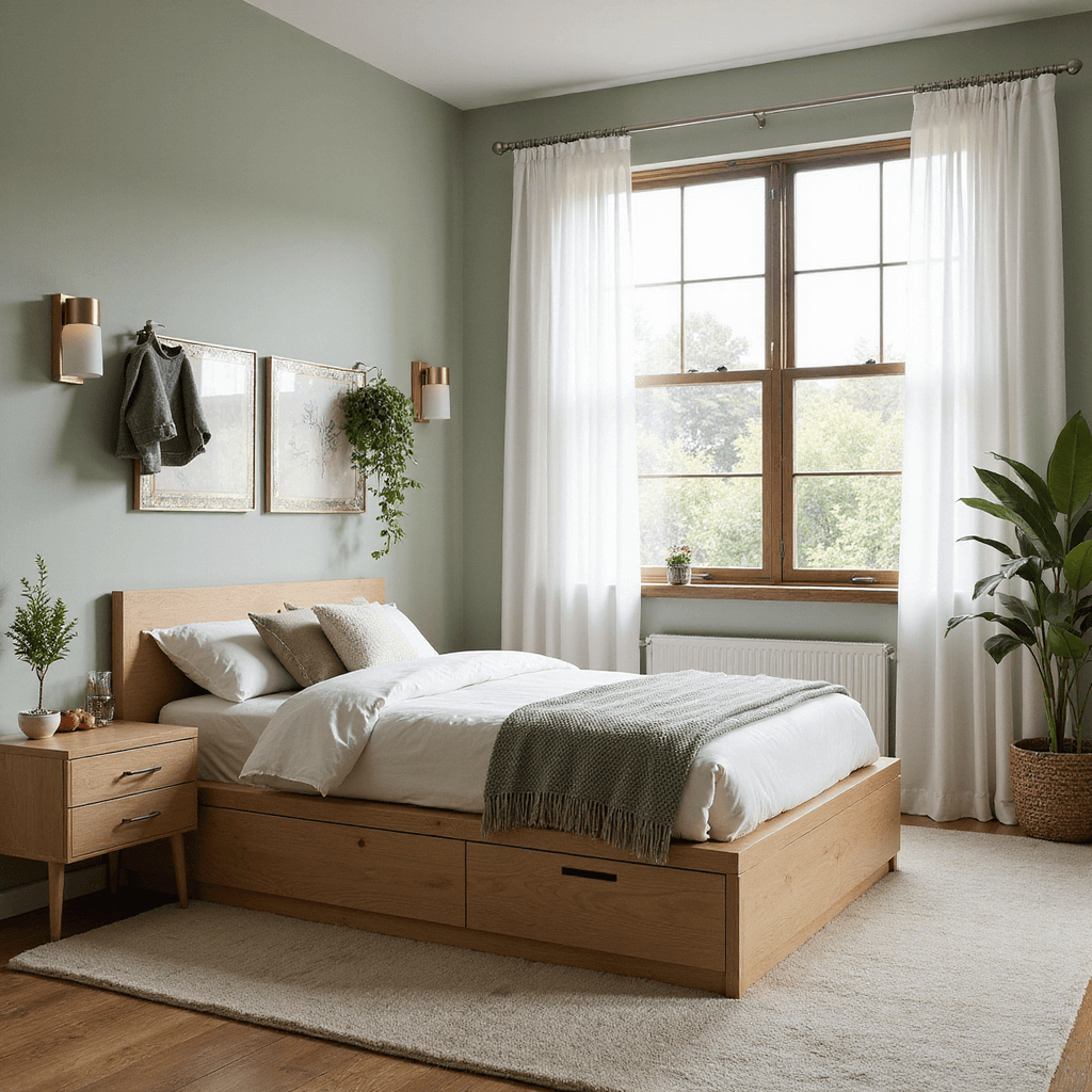 A minimalist 8x10ft bedroom featuring a light oak platform bed with integrated side tables, illuminated by bright morning light. Floor-to-ceiling white curtains frame a large window, while under-bed rolling drawers and a wall-mounted brushed nickel organizational system provide clever storage. The color palette includes sage green, warm white, and natural wood tones, complemented by textured throws and pillows. Strategic mirrors enhance the natural lighting in the room.