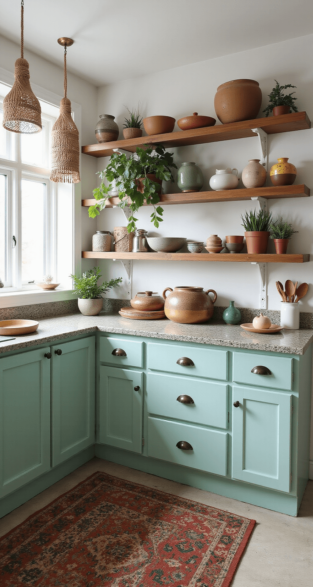 A Bohemian kitchen with mint green cabinets, brass and vintage hardware, terrazzo countertops, and wooden shelves displaying pottery, bathed in morning and pendant light.