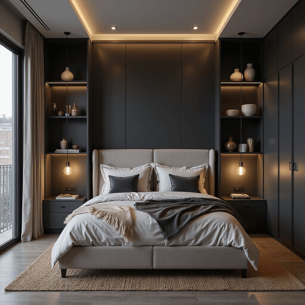 Twilight bedroom with a low-profile gray bed, wall-mounted storage, dimmable pendant lights, and modular floating shelves; rich textures from velvet pillows, woven blankets, and a jute rug; color scheme of charcoal, cream, and brass, emphasizing mood lighting and an intimate atmosphere.