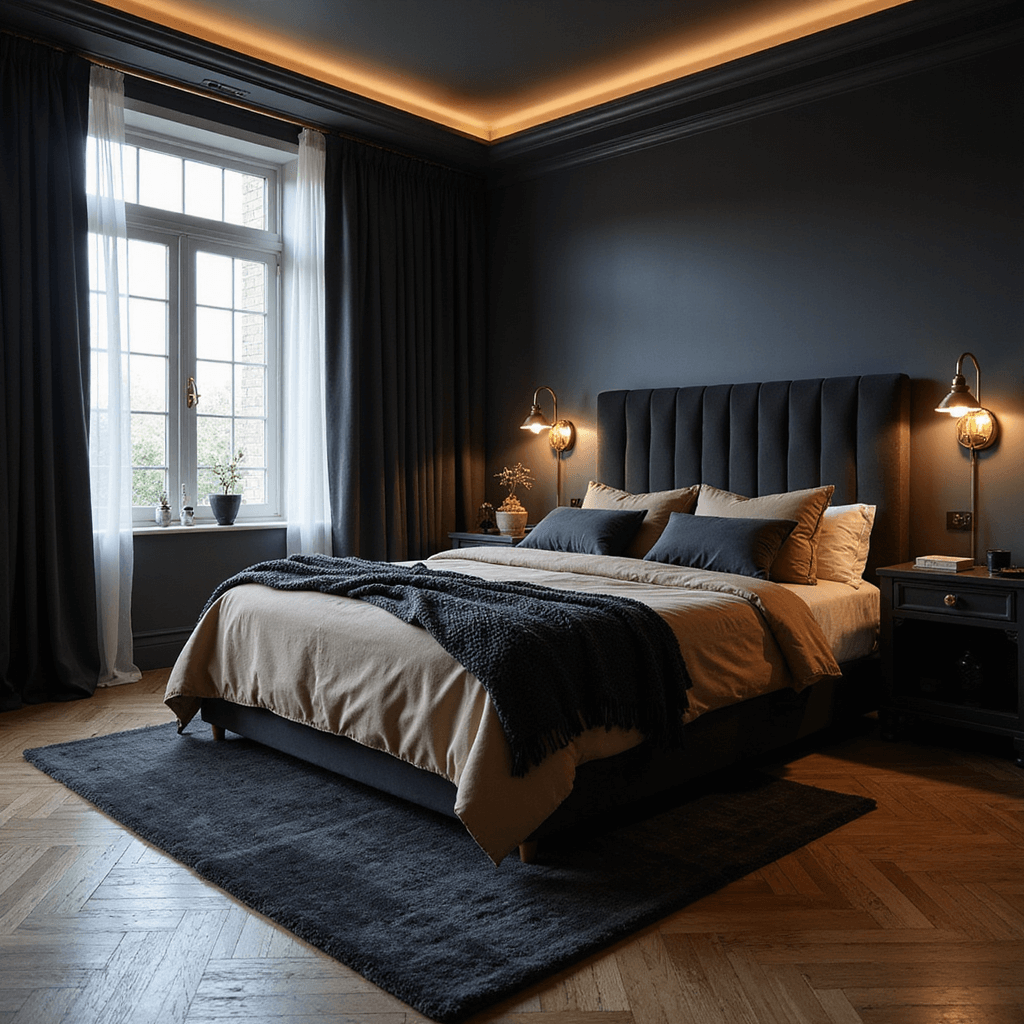 A luxurious master bedroom at dusk, featuring a king-sized bed with a charcoal velvet headboard, silk champagne bedding, and layered textures. Natural light filters through sheer charcoal drapes, complemented by warm LED strips in crown molding. The room showcases herringbone hardwood floors beneath a plush charcoal area rug, with burnished brass sconces adding elegance. Shot from a low corner angle to highlight the moody, ambient lighting.