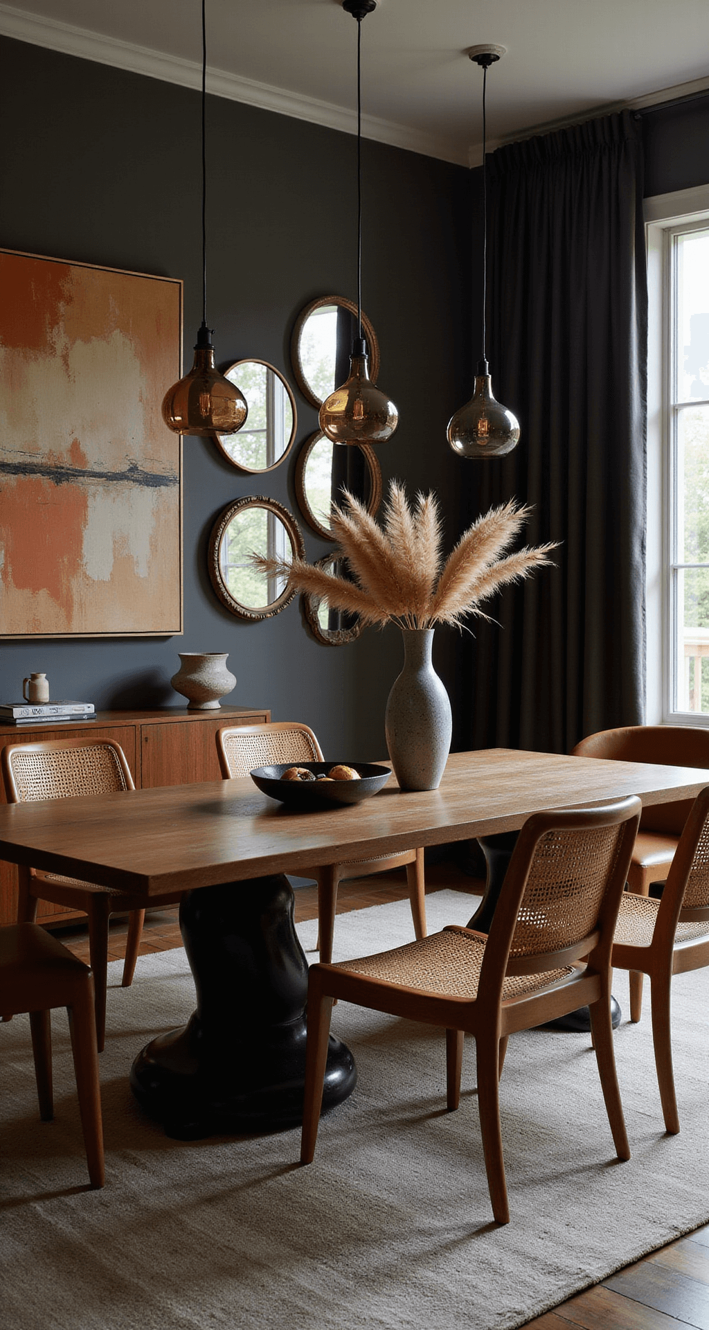 A sophisticated dining room at dusk with a teak table, rattan and leather chairs, smokey glass pendant lights, and earth-toned abstract art; styled with pottery and pampas grass, featuring deep teak, black, cream, and burnt orange colors.