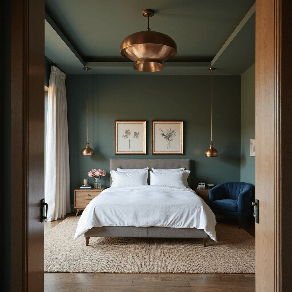 Modern bedroom with a 10ft tray ceiling, featuring Hunter Green walls, copper pendant lights, a California king platform bed with white linen, and an asymmetrical arrangement of abstract art in gold frames. A midnight blue velvet accent chair is placed in a reading nook, all captured in warm golden hour lighting.