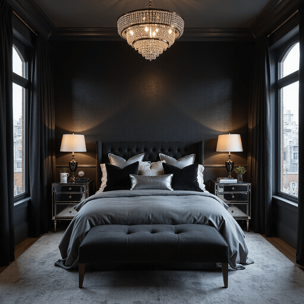Intimate twilight bedroom with black grasscloth wallpaper and a dramatic king bed styled in gray silk and black velvet pillows, illuminated by a crystal chandelier. Mirrored nightstands reflect soft lamp light, while heavy black linen curtains frame floor-to-ceiling windows, creating a moody atmosphere rich in texture.