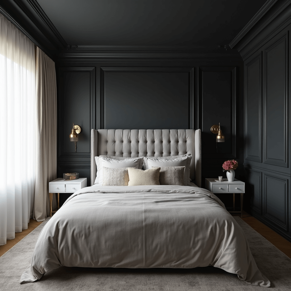 Corner view of a boutique hotel-style bedroom featuring a Tricorn Black wall, gray velvet headboard, and white marble side tables, illuminated by morning light through sheer panels, highlighting texture contrasts between smooth walls, plush fabrics, and metallic accents.