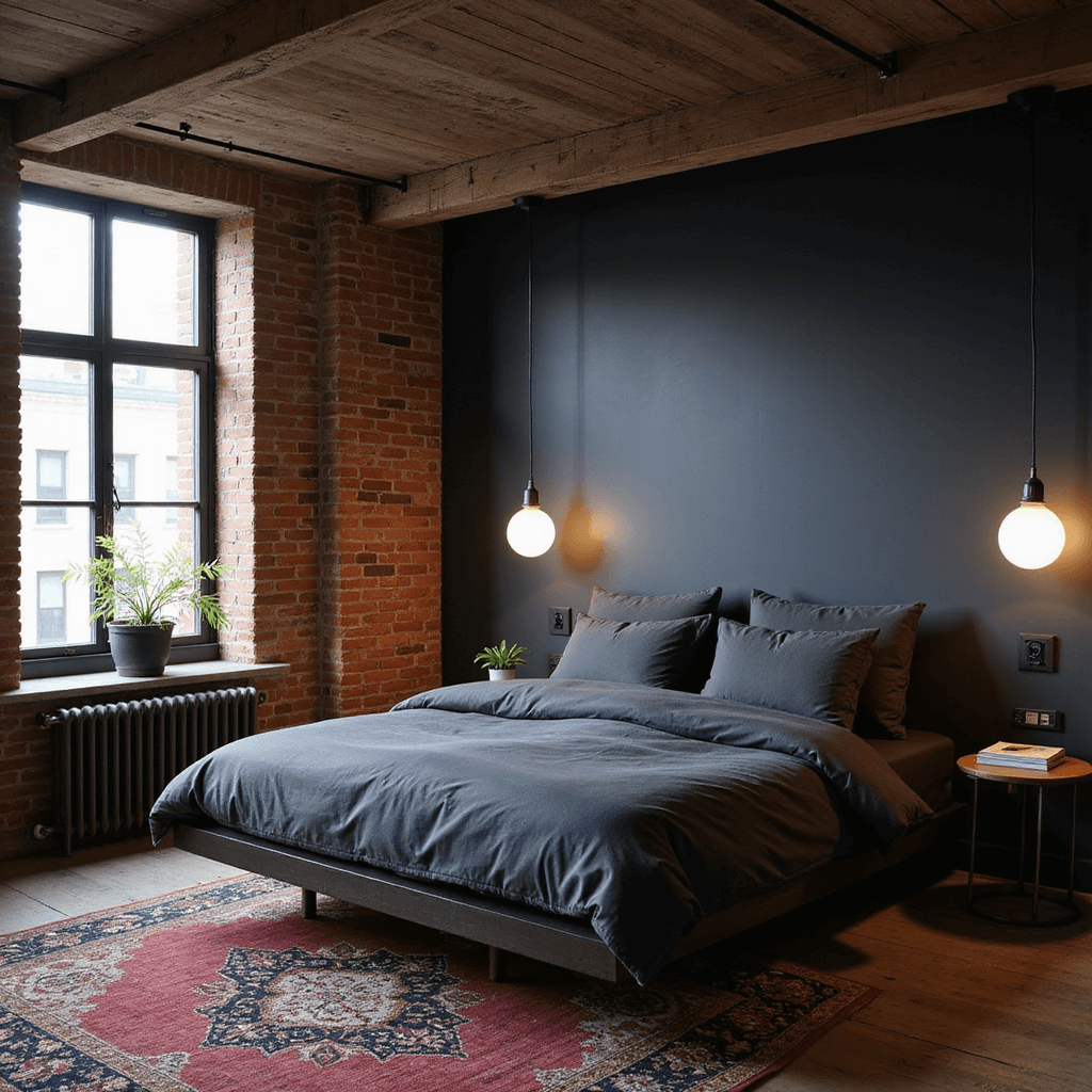 A minimalist loft bedroom features matte black exposed brick walls and industrial 12ft ceilings with visible beams. The elevated angle captures a floating platform bed adorned in charcoal linen, complemented by pendant globe lights of varying heights. A vintage Persian rug in deep jewel tones anchors the room while highlighting architectural details and an intimate atmosphere.