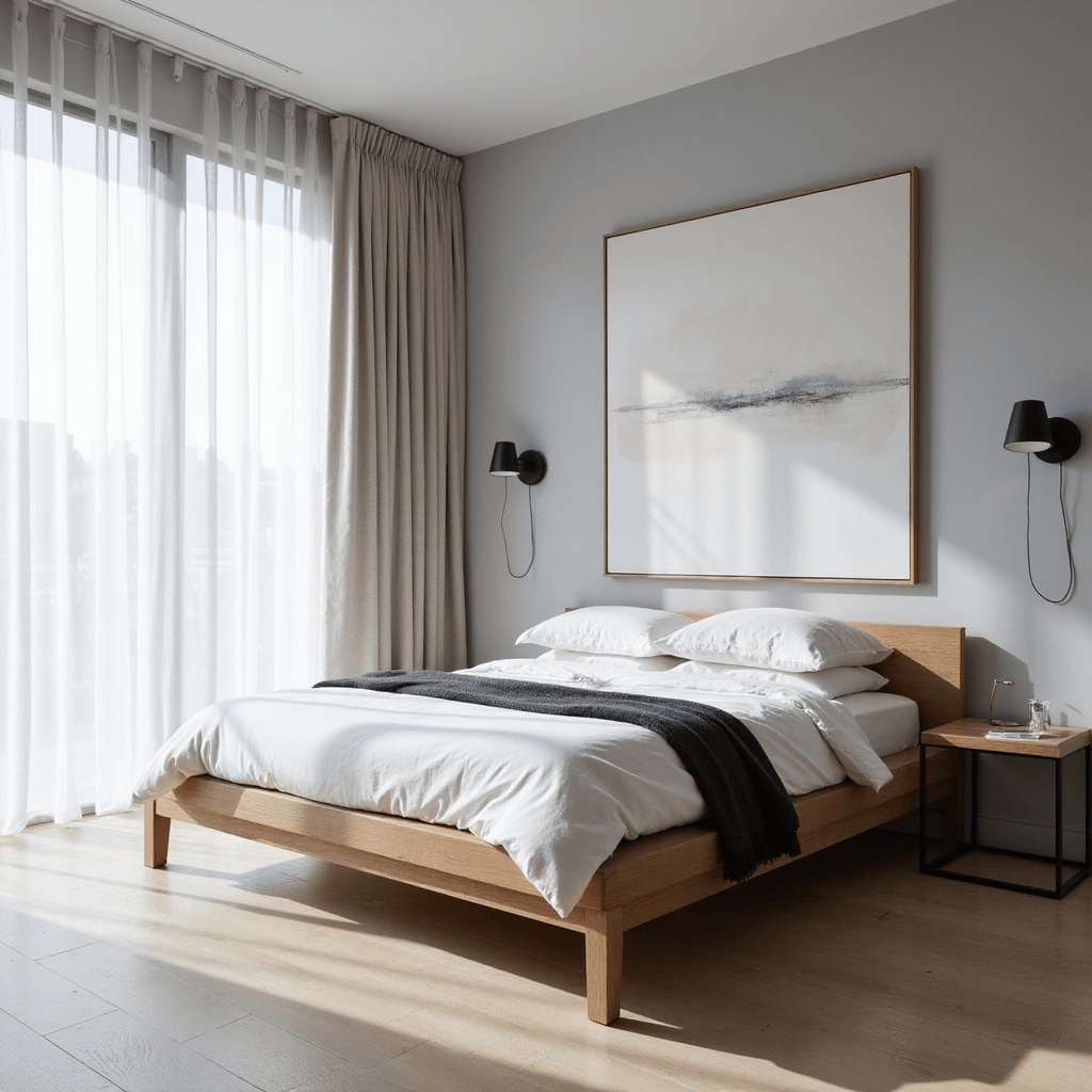 Minimalist sanctuary bedroom featuring a low-profile oak platform bed with white linens and a charcoal throw, illuminated by morning light through floor-to-ceiling windows with sheer curtains, against a light grey wall. Matte black sconces and an oversized abstract canvas add to the contemporary design, captured from a corner angle to highlight clean lines and shadows on white oak flooring.