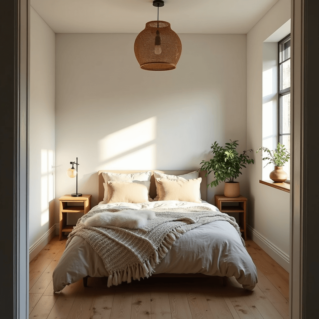A cozy Scandinavian-style bedroom with whitewashed walls and warm pine flooring, featuring a centered bed dressed with an oatmeal linen duvet, ivory chunky knit throw, and sheepskin accents. Rattan pendant light casts geometric shadows, while minimal birch nightstands with ceramic lamps flank the bed. Trailing pothos plants add greenery, all captured in a wide-angle shot during golden hour.