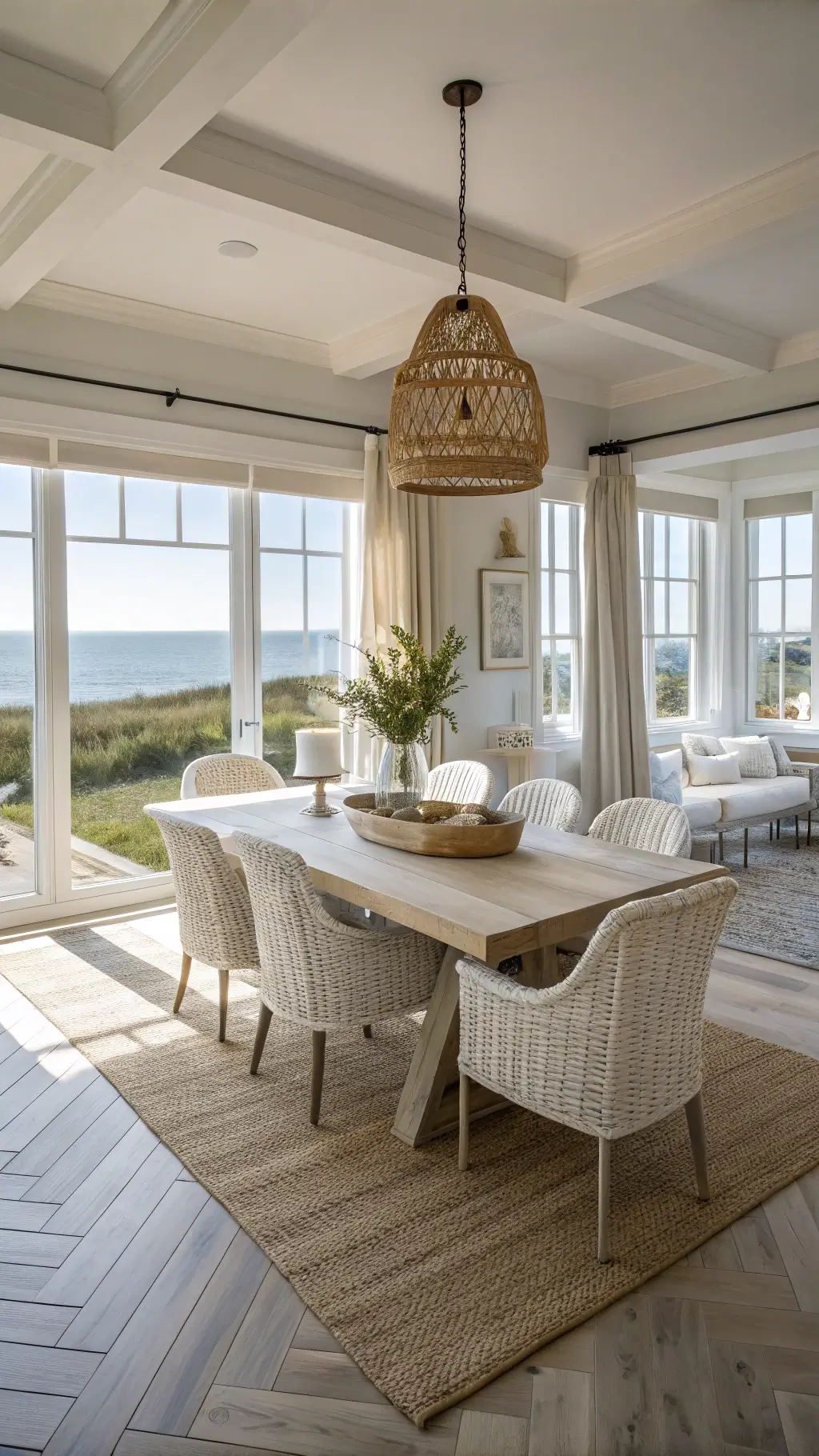Coastal dining room with warm sunlight, driftwood table, white and rattan chairs, floor-to-ceiling windows, sheer curtains, jute rug, woven pendant lights, and ocean-themed accents.
