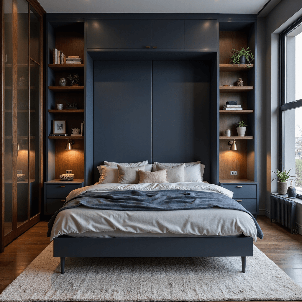 Compact urban bedroom featuring a navy Murphy bed with storage, floating walnut shelves, brushed brass sconces, mirror-fronted wardrobes, and a textured ivory rug, all illuminated by cool and warm lighting at dusk.