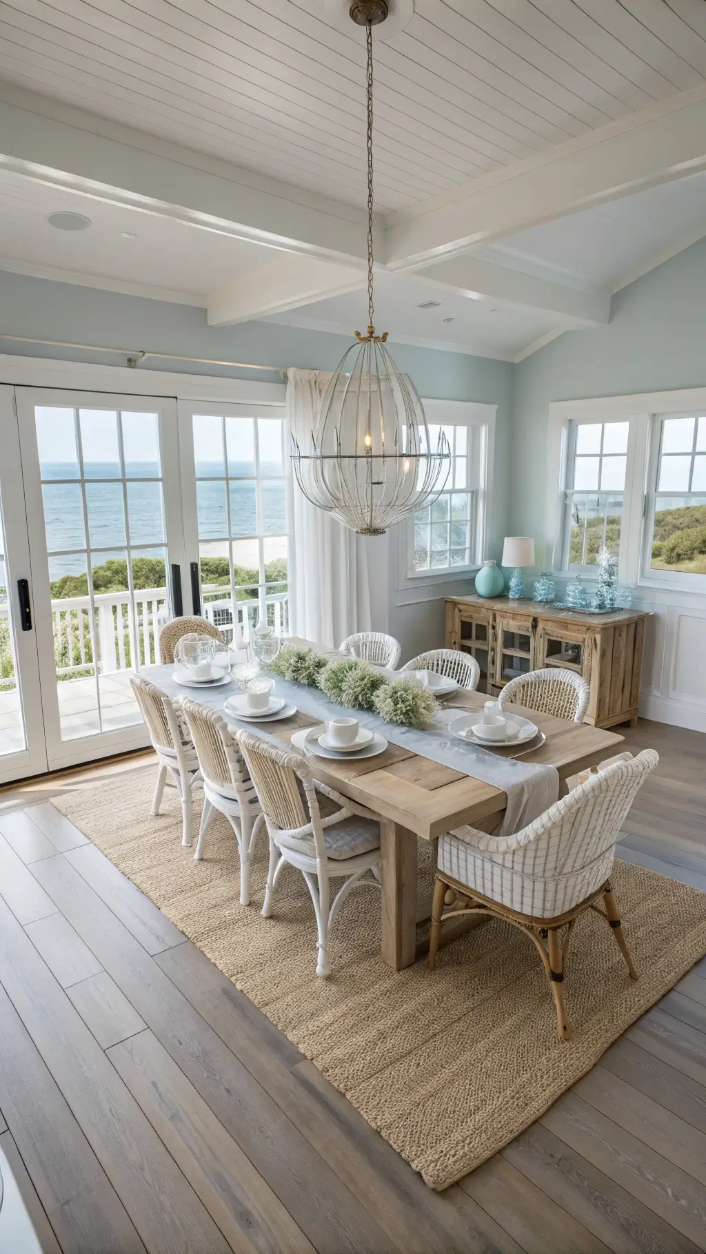 A sunlit coastal dining room with a whitewashed teak table, rattan chairs, pale blue-gray walls, and a glass bubble chandelier, highlighted by natural textures and beach-inspired decor.